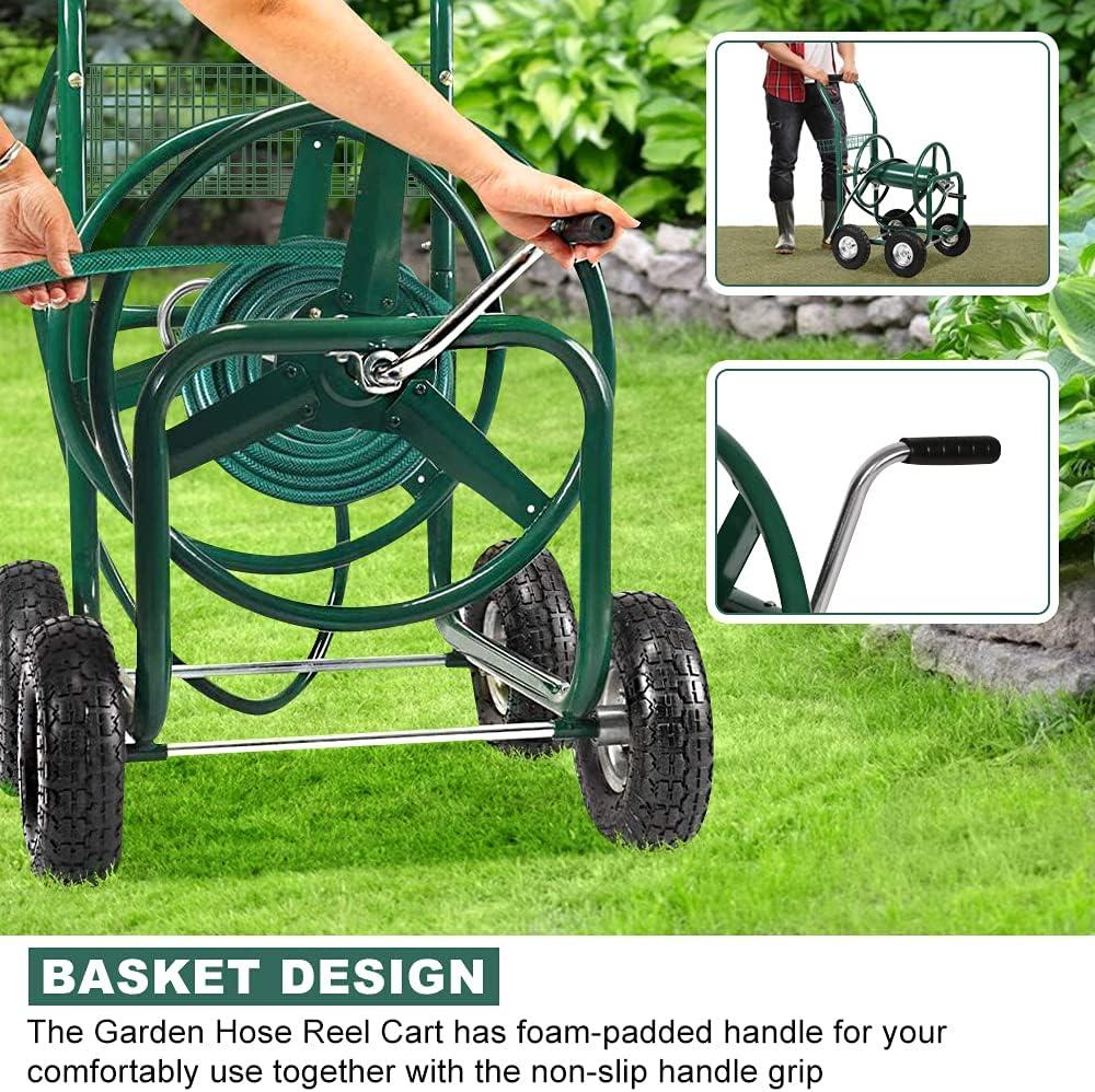 Dkeli Hose Reel Cart Garden Hose Carts with Wheels Heavy Duty Portable Water Hose Cart 4 Wheels Outdoor Yard Lawn Planting Truck with Storage Basket, Green