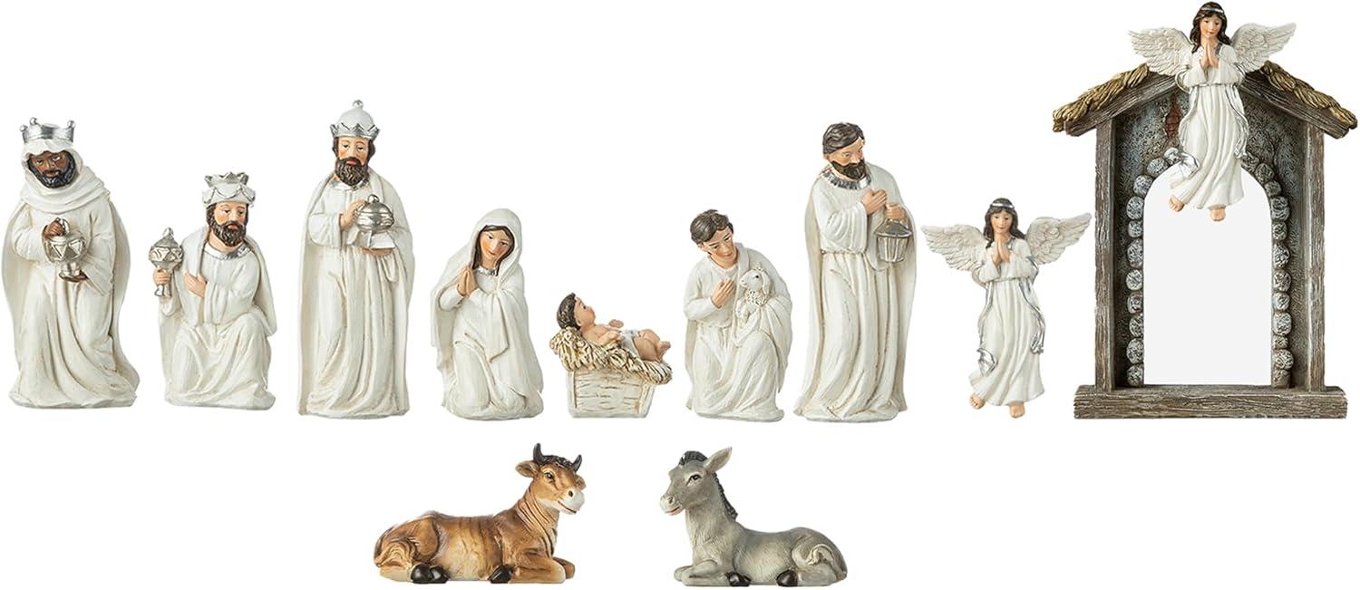 Ivory Resin Nativity Scene Set with Angel and Holy Family