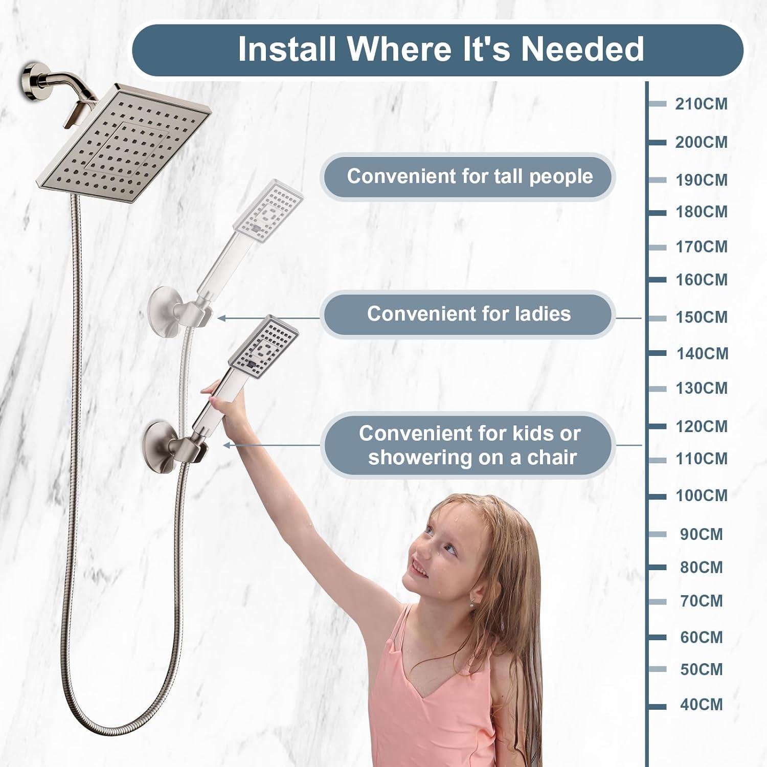 BRIGHT SHOWERS Rain Shower head with Handheld Spray 5 ft. Shower Hose Combo Includes Wall Mount Suction Bracket, 3-Way Water Diverter Mount (8 Inch Square, Brushed Nickel)