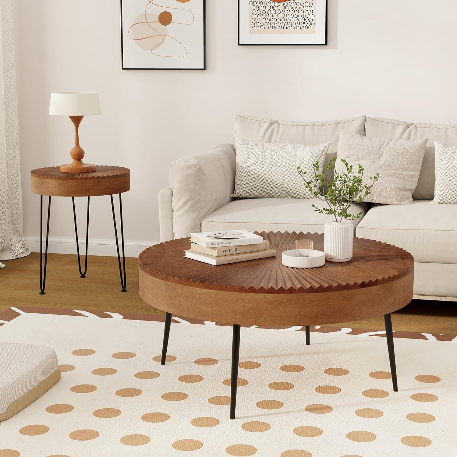 Millwood Pines Set of 2 Boho Round Coffee Table with Solid Pine Wood Top and Metal Legs