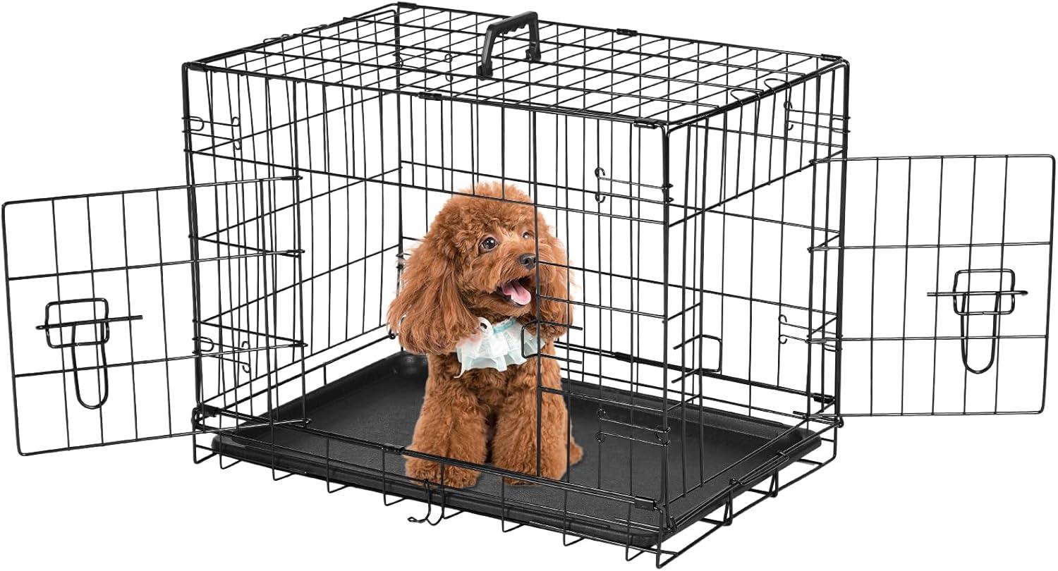 EDX Small Dog Crate with Divider Panel, 24" Double Door Folding Metal Wire Dog Cage with Plastic Leak-Proof Pan Tray