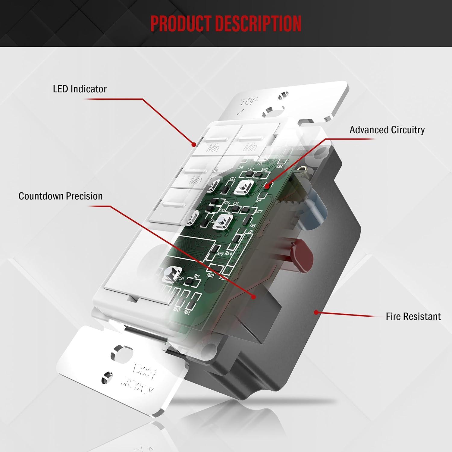 ENERLITES 2-Hour Countdown Timer Switch, 5-10-20-30 Min, 1-2 Hr, for Bathroom Fans, Heaters, Lights, LED Indicator, 120VAC 800W, No Neutral Wire Required, UL Listed, HET06-J-2H-W, White