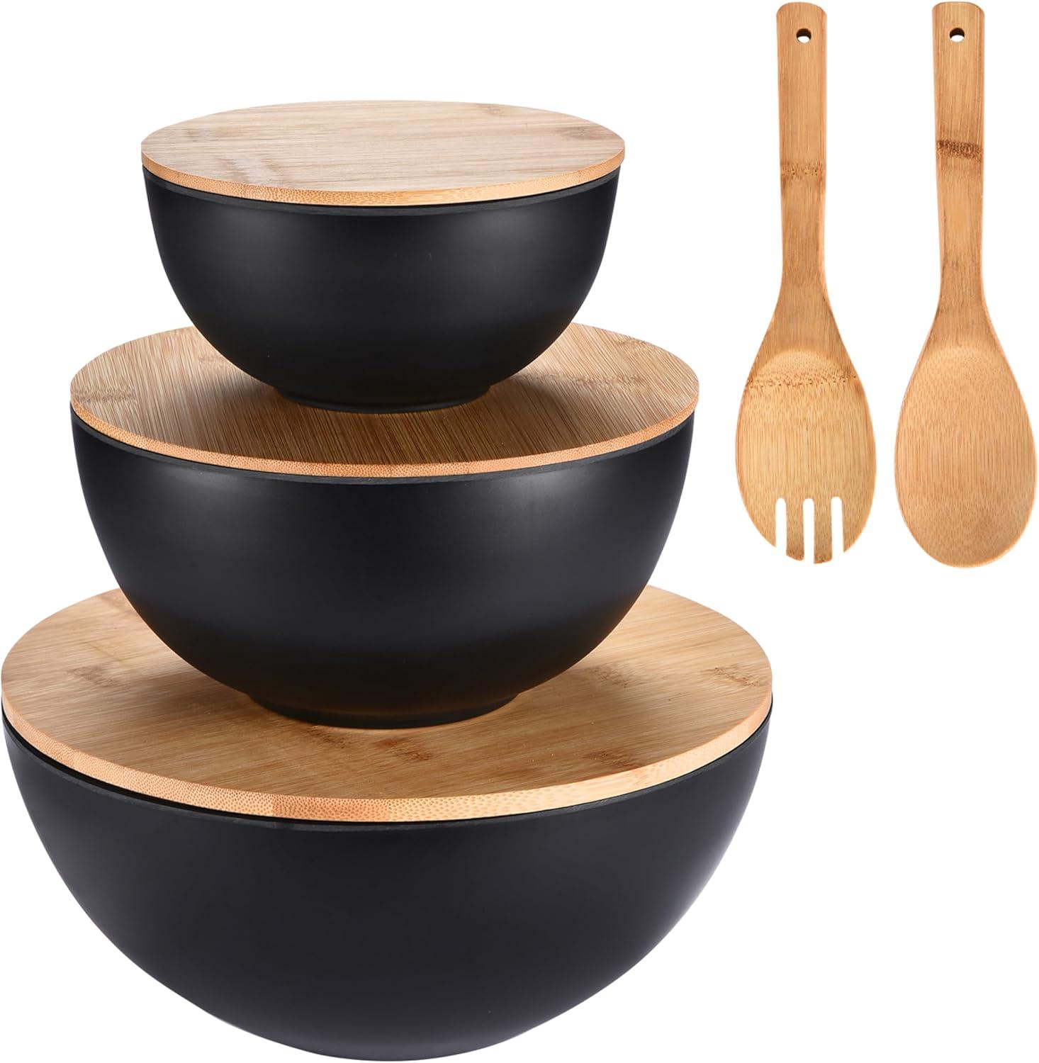Black Bamboo Fiber Salad Bowls with Acacia Wood Lids - Set of 3