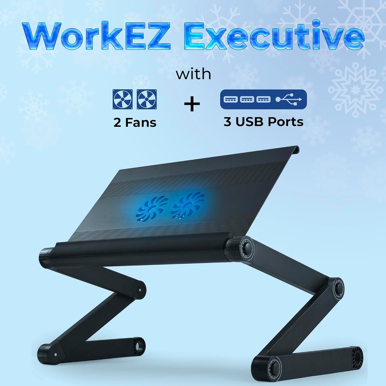 WorkEZ Executive Laptop Cooling Stand Adjustable Laptop Desk for Bed foldable laptop stand with FAN USB Ports computer lap desk for laptop holder for bed laptop table ergonomic laptop stand for bed