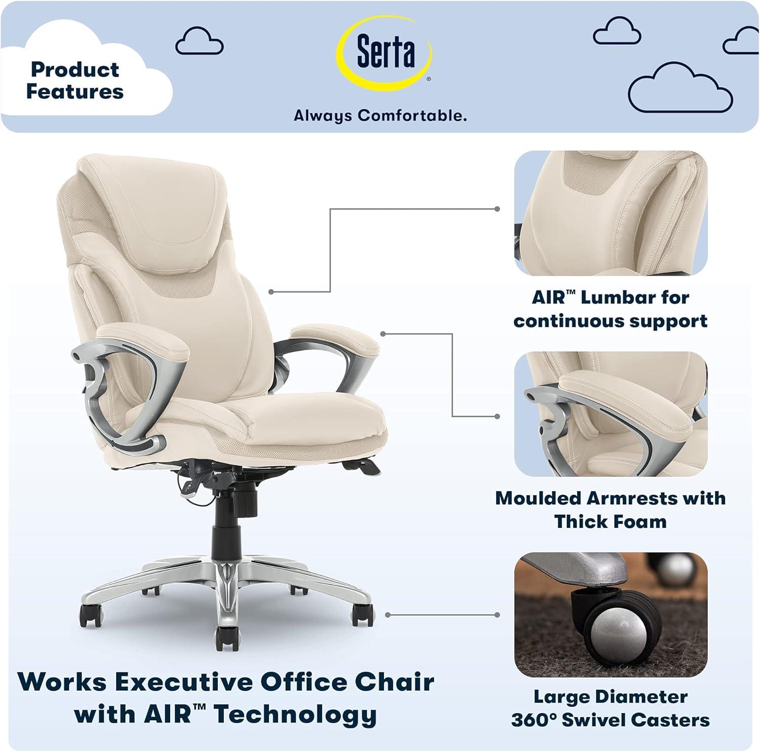 Works Executive Office Chair with Air Technology Comfortable Cream - Serta: Ergonomic Lumbar Support, Fixed Arms, Wood Frame