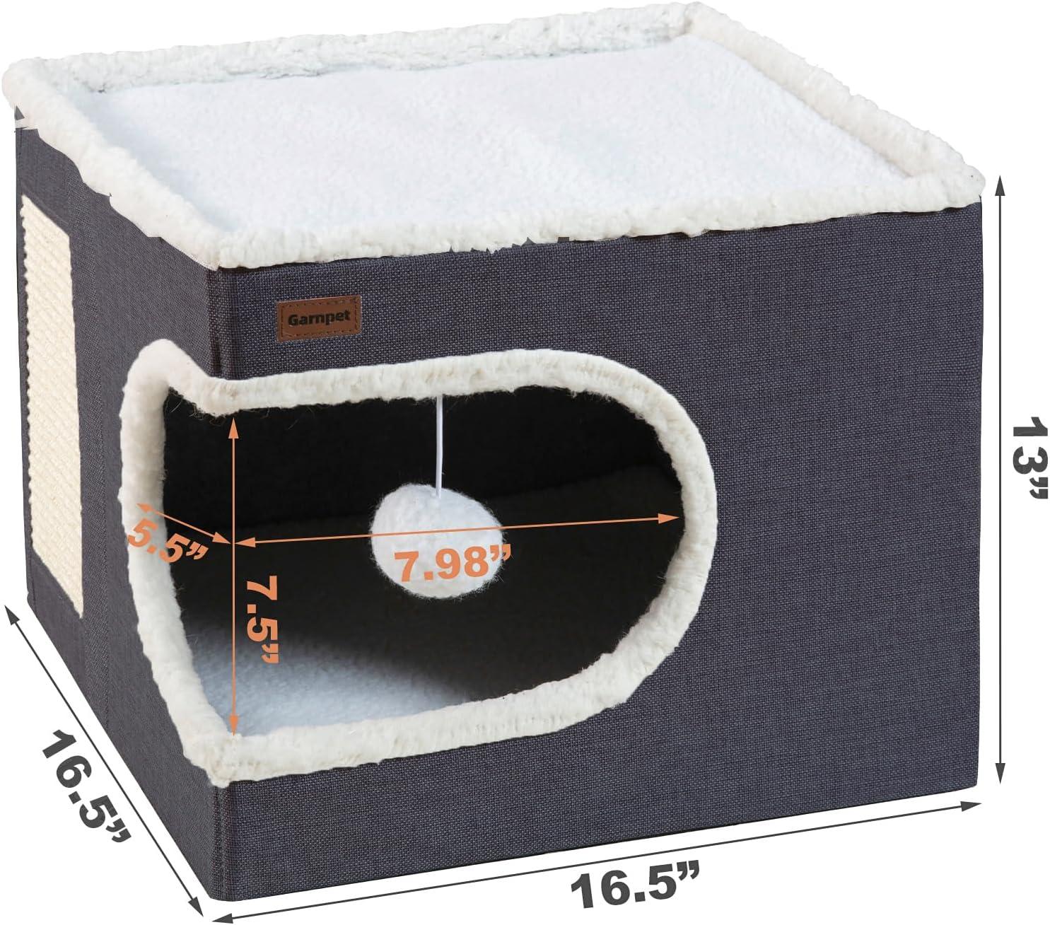 Cat Bed for Indoor Cats Cube House, Covered Cat Cave Beds & Furniture with Scratch Pad and Hideaway Tent, Cute Modern Cat Condo for Multi Small Pet Large Kitten Kitty, Dark Grey