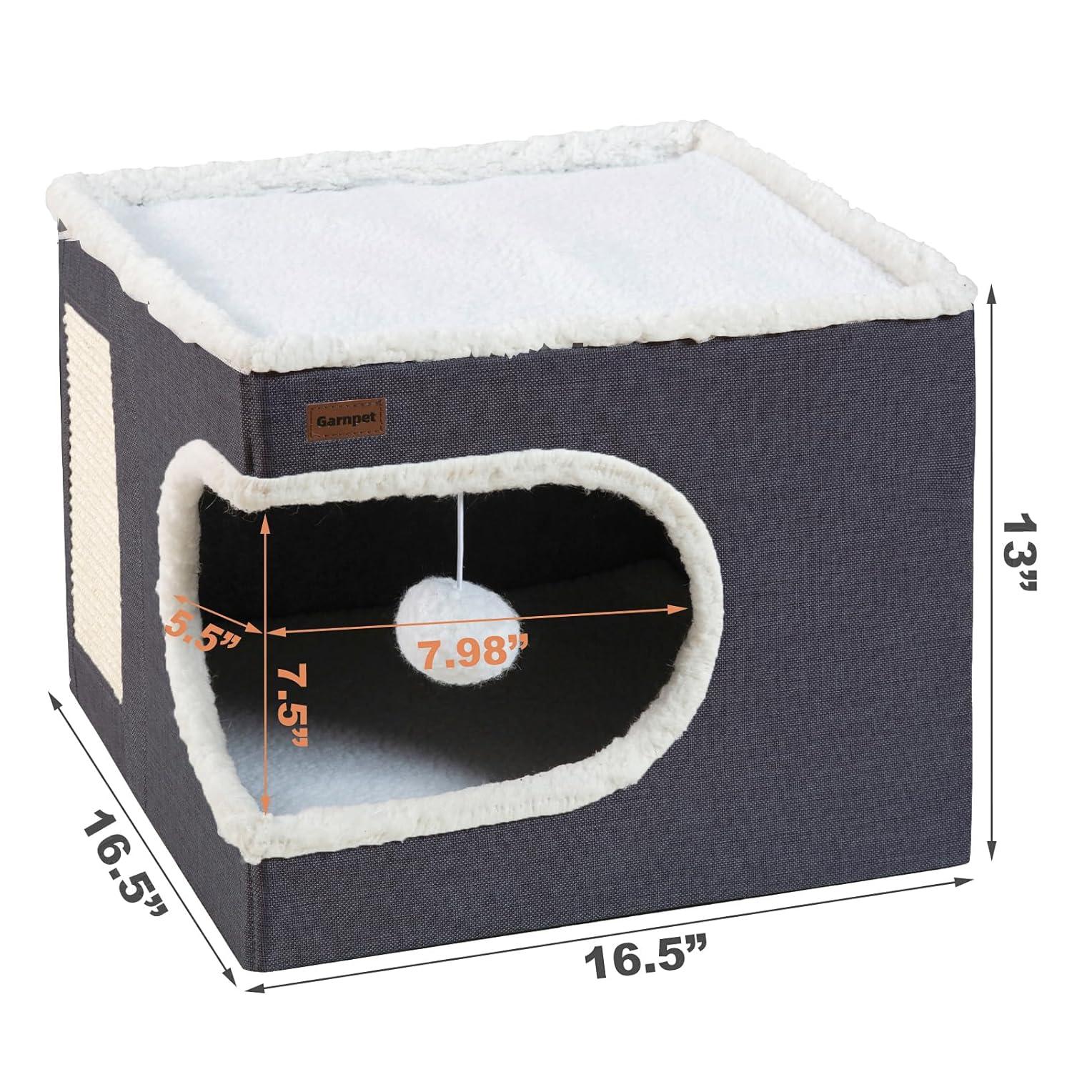 Cat Bed for Indoor Cats Cube House, Covered Cat Cave Beds & Furniture with Scratch Pad and Hideaway Tent, Cute Modern Cat Condo for Multi Small Pet Large Kitten Kitty, Dark Grey