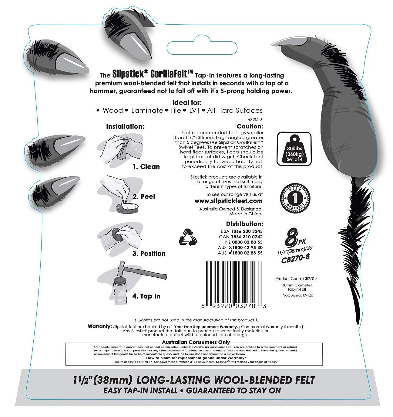 Slipstick Gorillafelt Cb270 Furniture Feet Floor Protectors/Felt Glides (Set Of 8) Tap On Felt Furniture Pads Guaranteed To Stay On, 1-1/2 Inch Round Sliders (Set of 8)