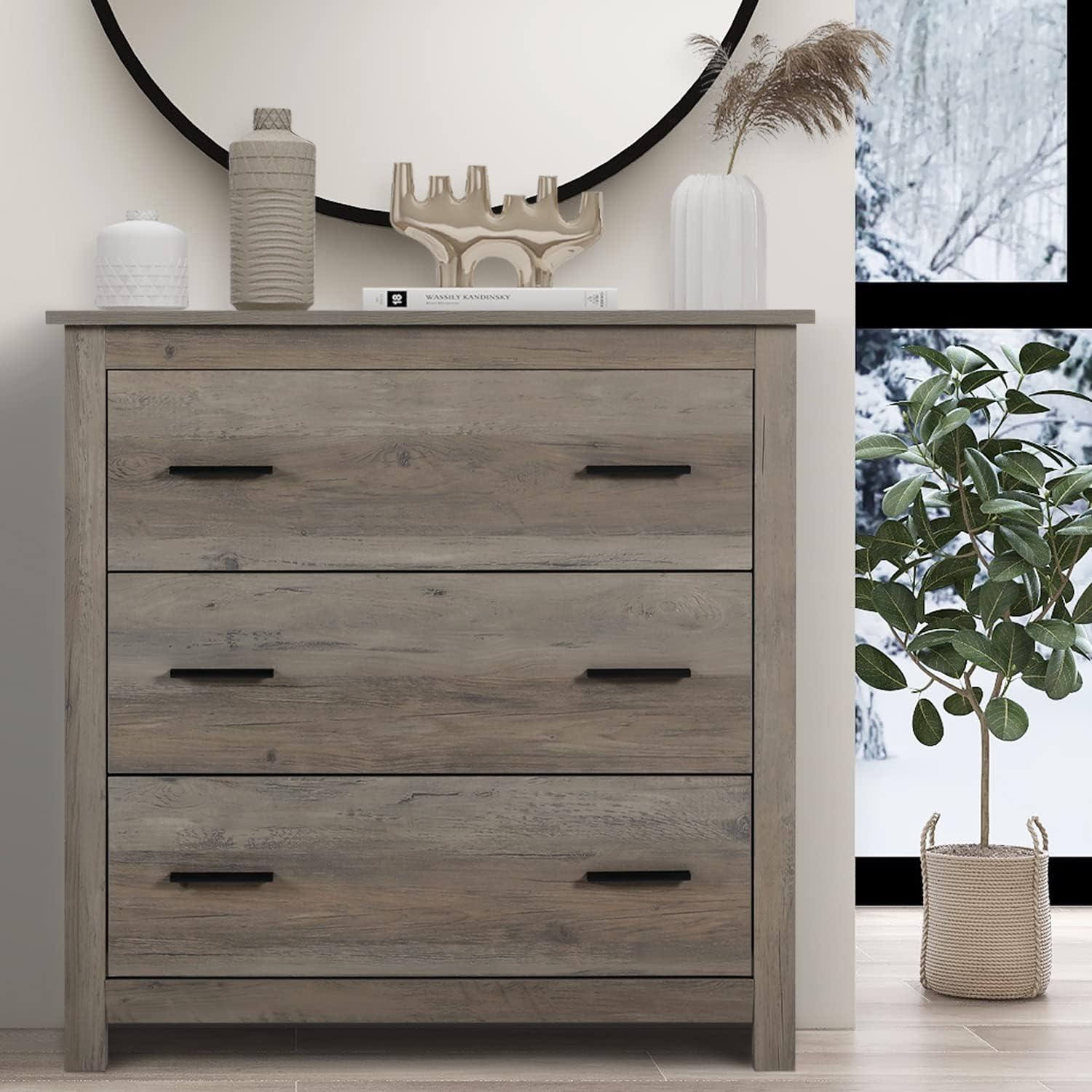 Gray Oak 3-Drawer Farmhouse Double Dresser with Deep Storage