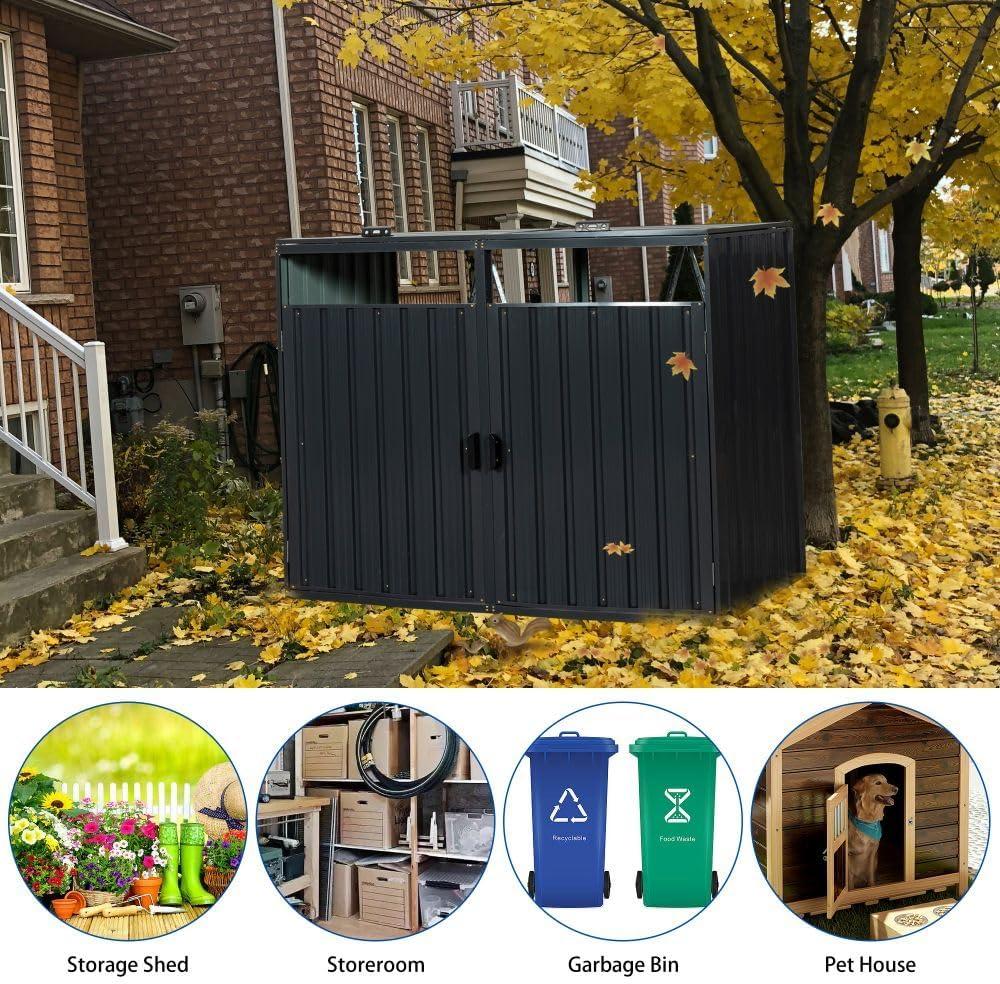 Black Metal Outdoor Garbage Bin Shed with Lockable Doors