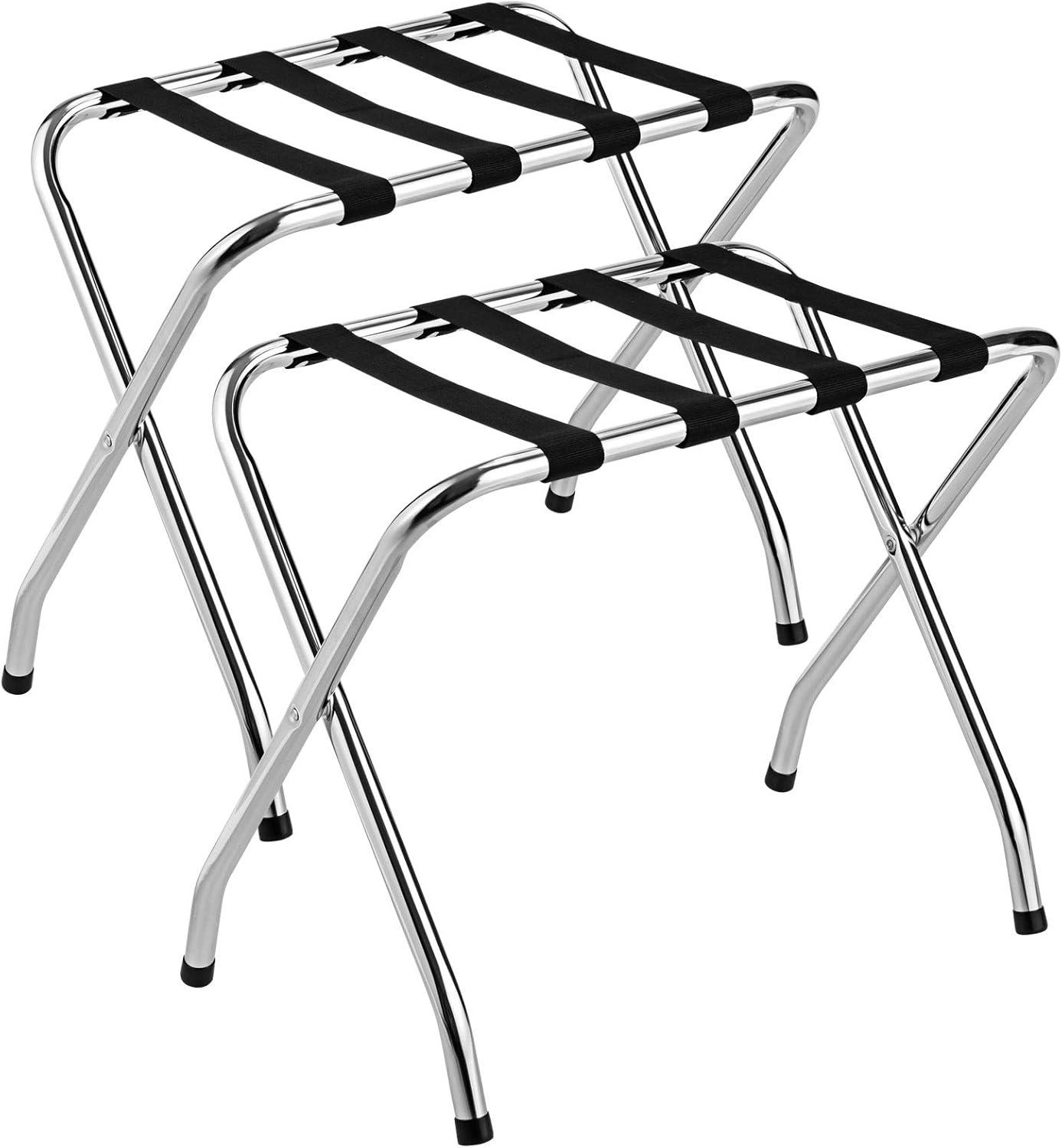 Chrome Luggage Rack for Guest Room, Folding Metal Bag Suitcase Holder with Nylon Straps, Luggage Stand Ideal for Home Bedroom Guest Room Hotel, No Assembly Required (4)