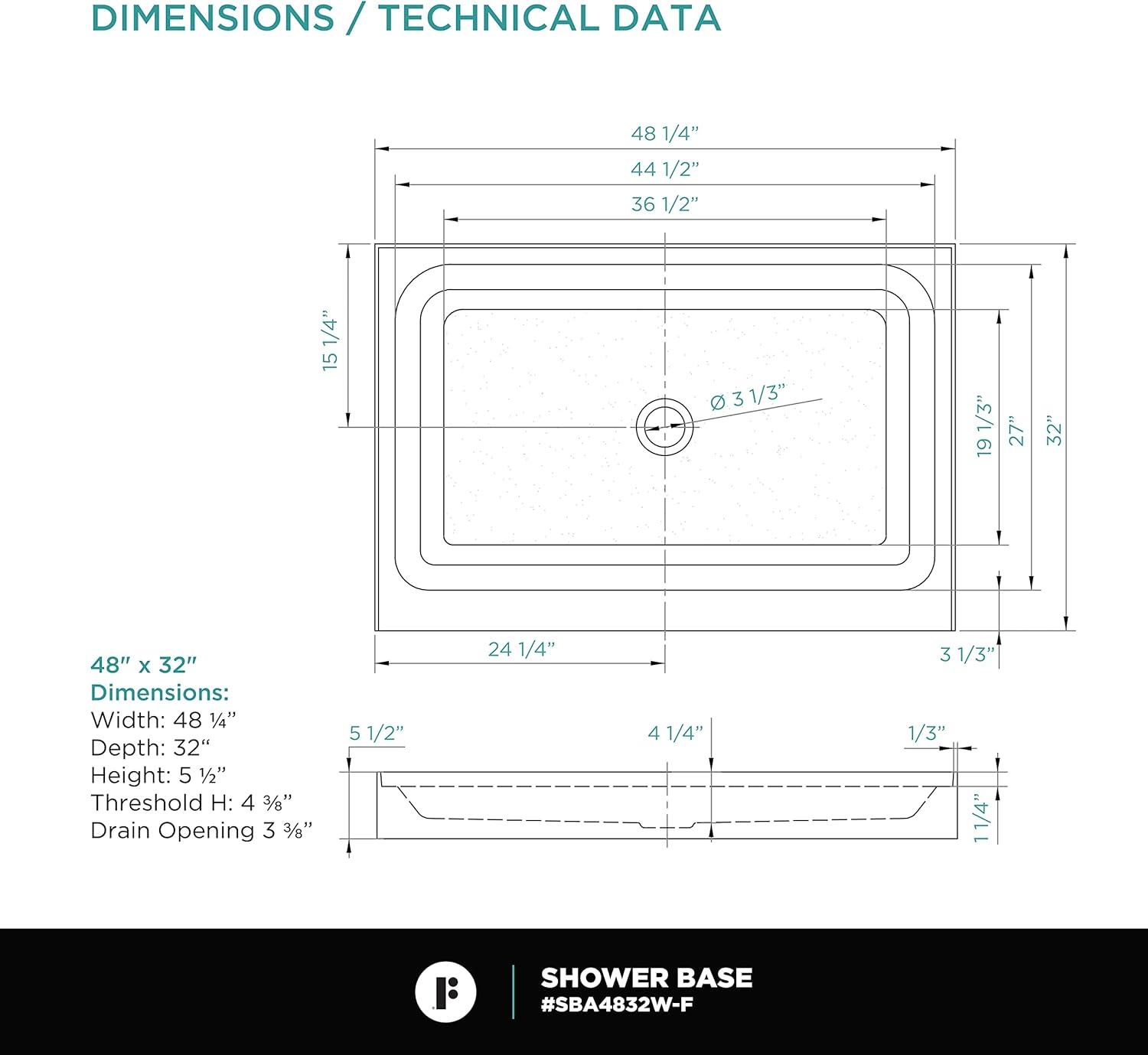 48" W x 32" D Single Shower Base