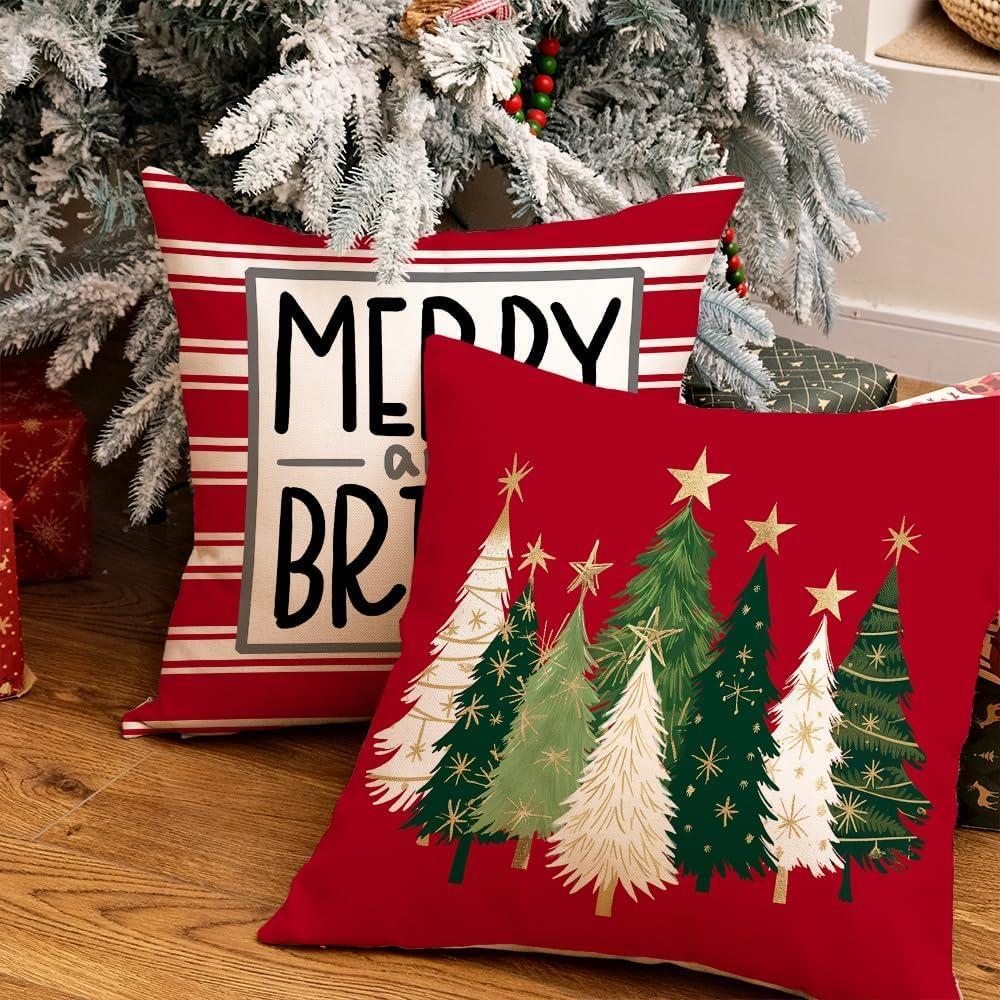 BEAUTY Merry Christmas Throw Pillow Covers 18 x 18 Inch Set of 4  Red Barn Merry & Bright Xmas Farmhouse Holiday Pillowcases for Home Outdoor Decoration CP053-18