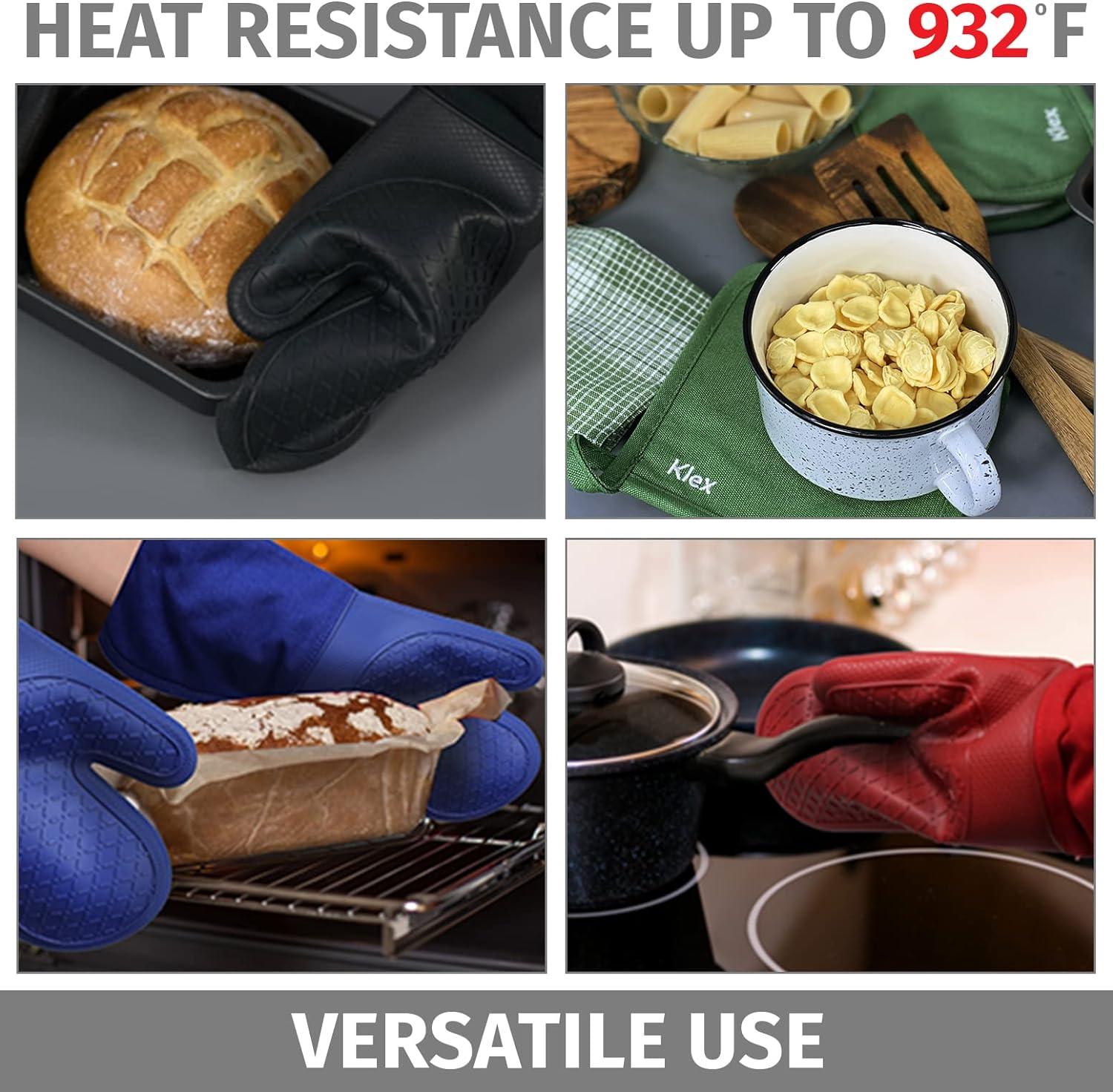 KLEX 15" Silicone Oven Mitts and Cotton Potholders 4pcs Set, 932°F Heat Resistance, Blue