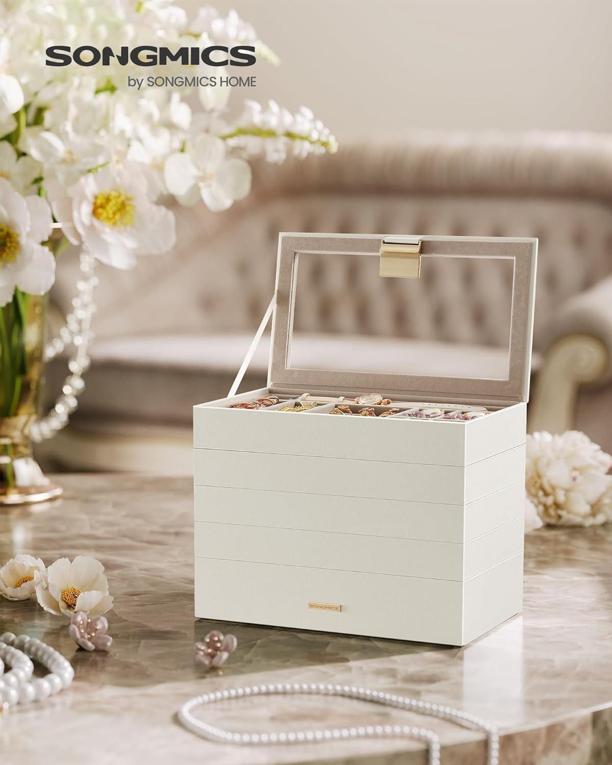 Cloud White 5-Tier Stackable Jewelry Organizer with Glass Lid