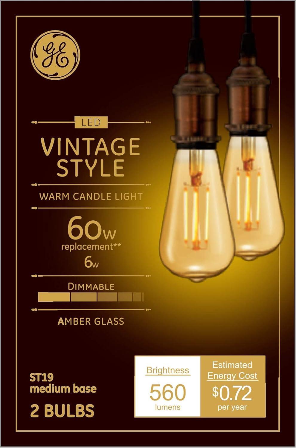 GE 2pk 60W Vintage Style ST19 LED Edison Light Bulbs Amber Glass: E26 Base, Dimmable, Warm Light, Antique Style