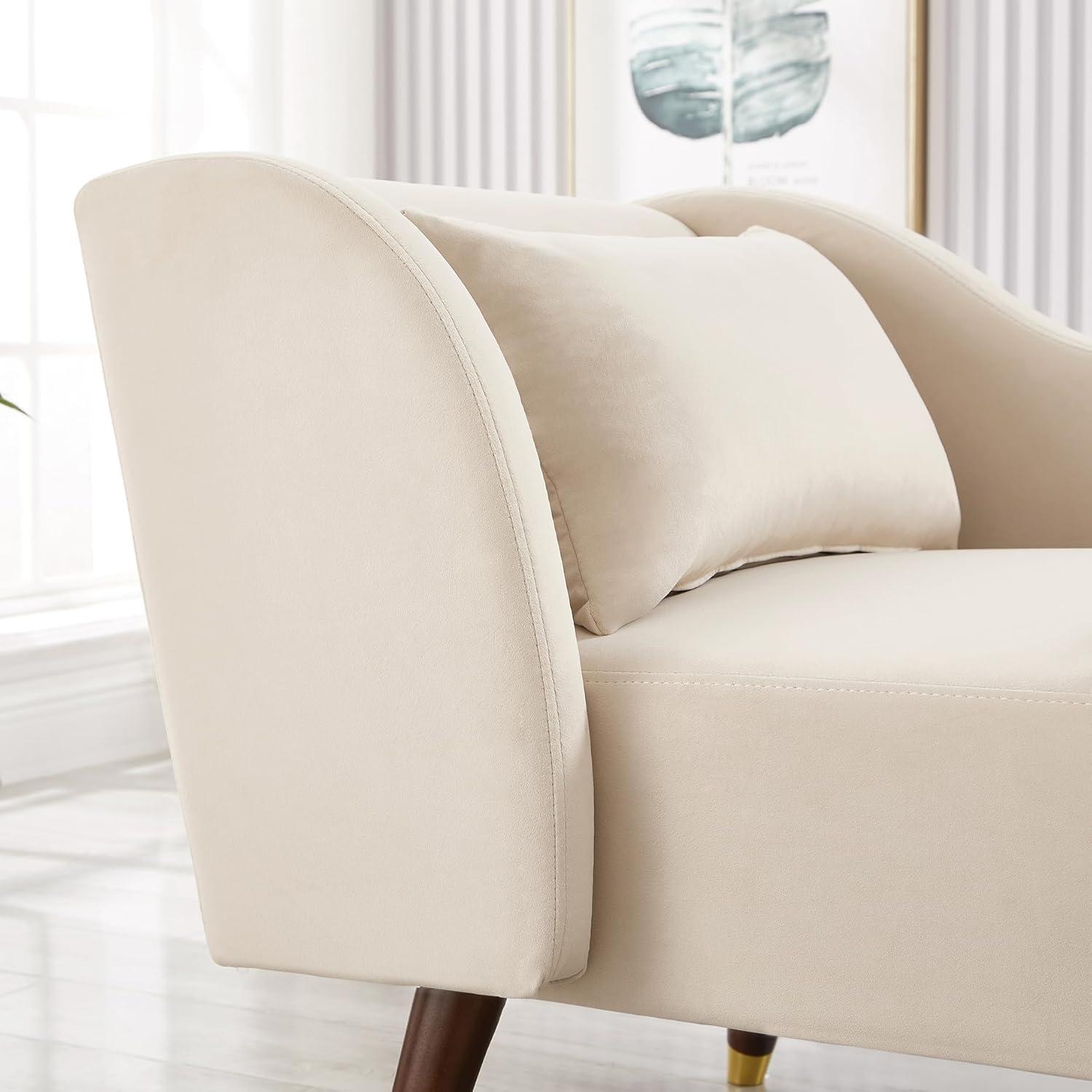 Beige Velvet Upholstered Chaise with Solid Wood Legs