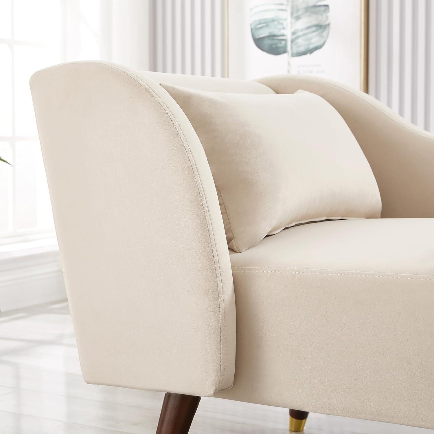 Chaise Lounge Indoor, Velvet Upholstered Lounge Chair with Pillow, Solid Wood Legs Modern Chaise Lounge Chair for Living Room Bedroom Office (Beige)