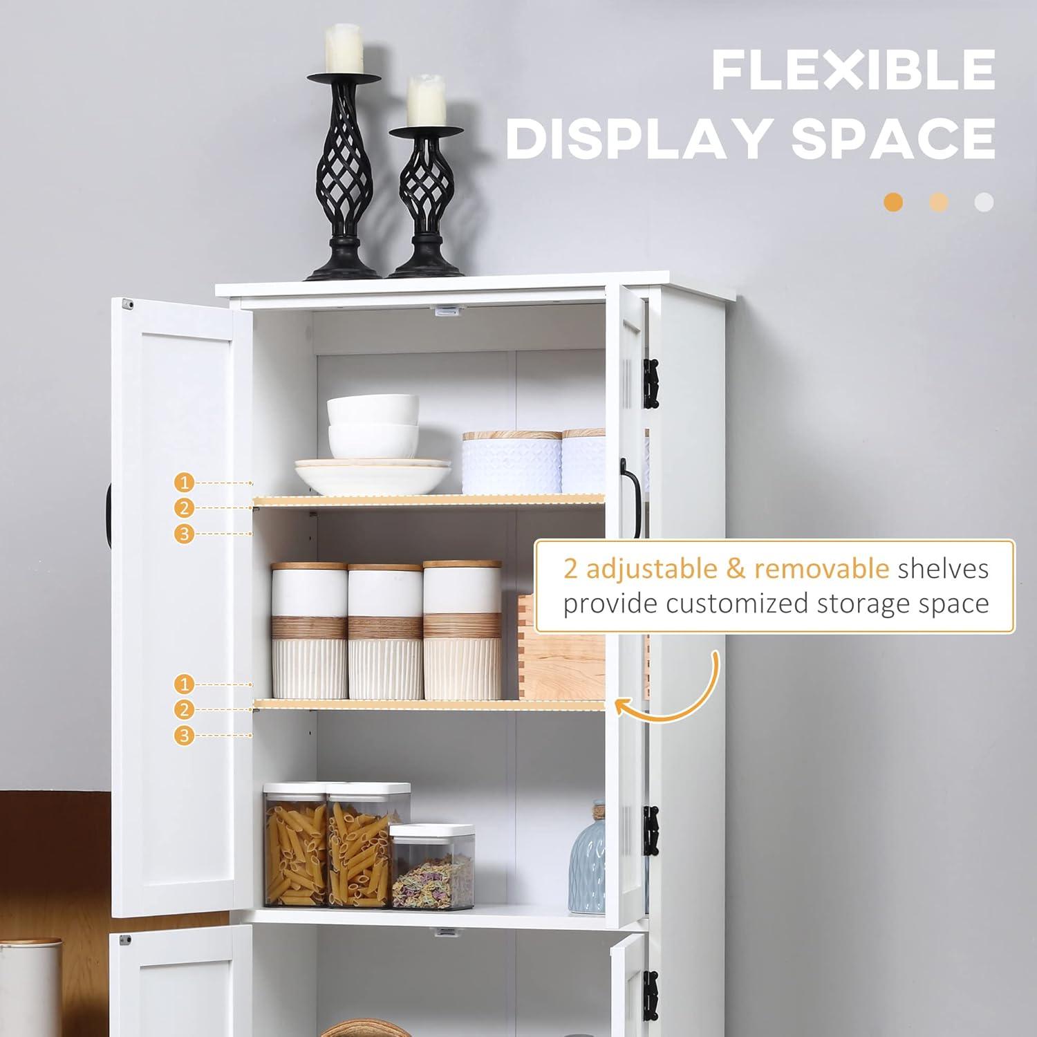 HOMCOM 48.5" Farmhouse Kitchen Pantry, Floor Storage Cabinet, Cupboard Organizer with Adjustable Shelves and 4-Doors for Dining Room, White