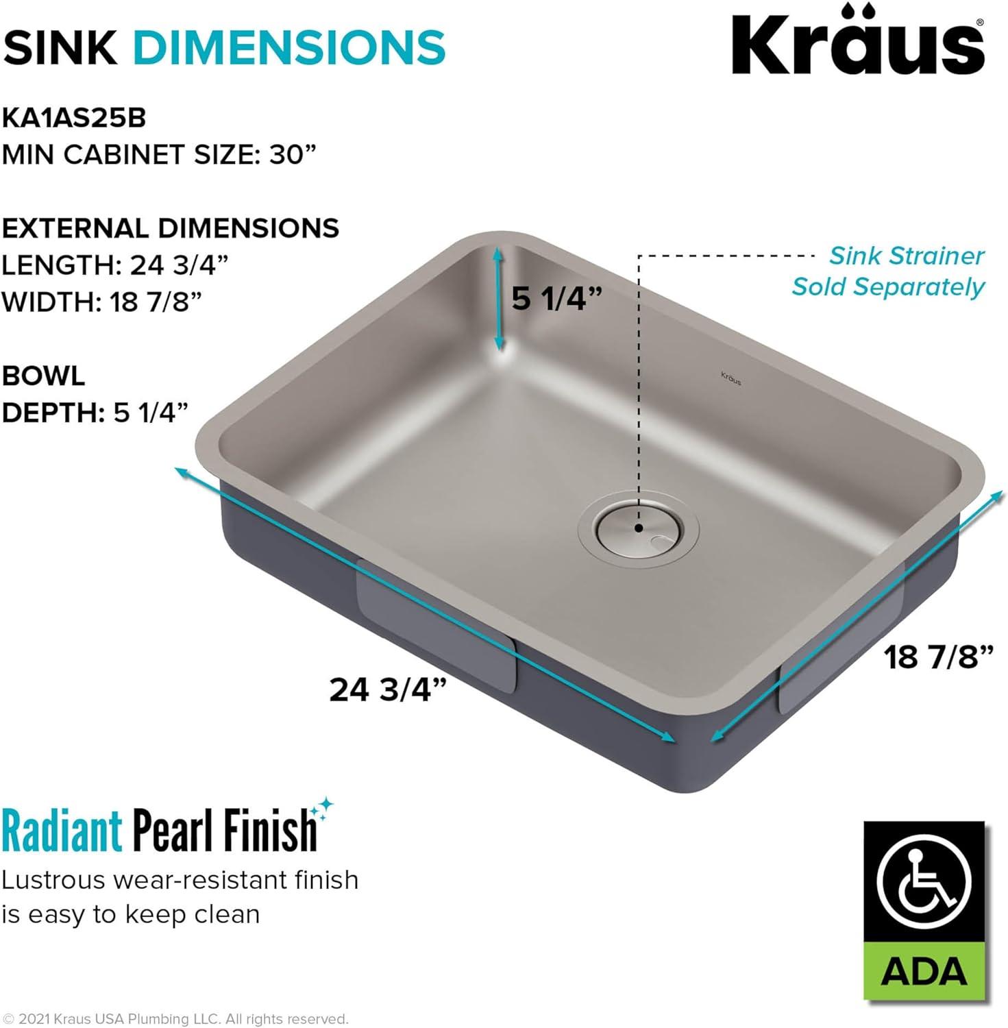 Dex™️ Series KRAUS 25" L Undermount 16 Gauge Stainless Steel Single Bowl ADA Kitchen Sink