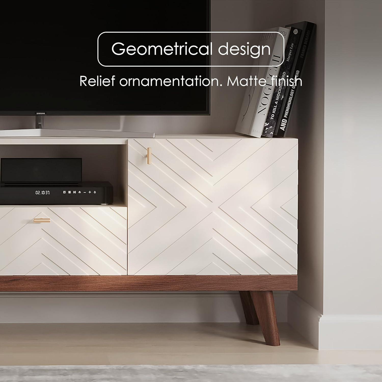 Living Skog  Alba Beige TV Stand Console with Drawer Fits TV's up to 65 in. with Wood Legs Mid Century Modern Design Beige Laminate Up to 240 lbs