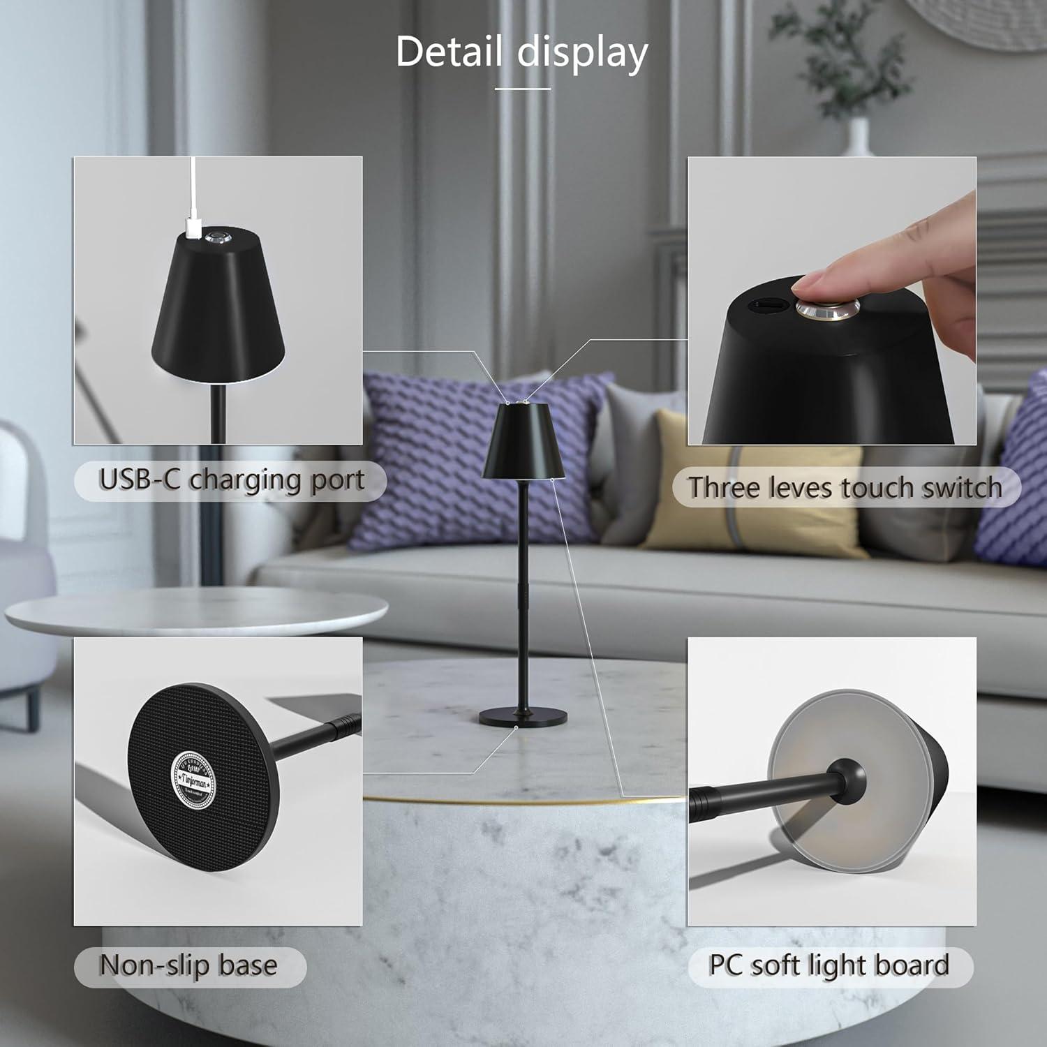 Modern LED Cordless Table Lamp, 4000mAh Rechargeable Battery, 3 Level Brightness Night Light, Metal Shell, Minimalist Design, for Couples Dinner/Coffee Table/Restaurant/Bedroom, Black