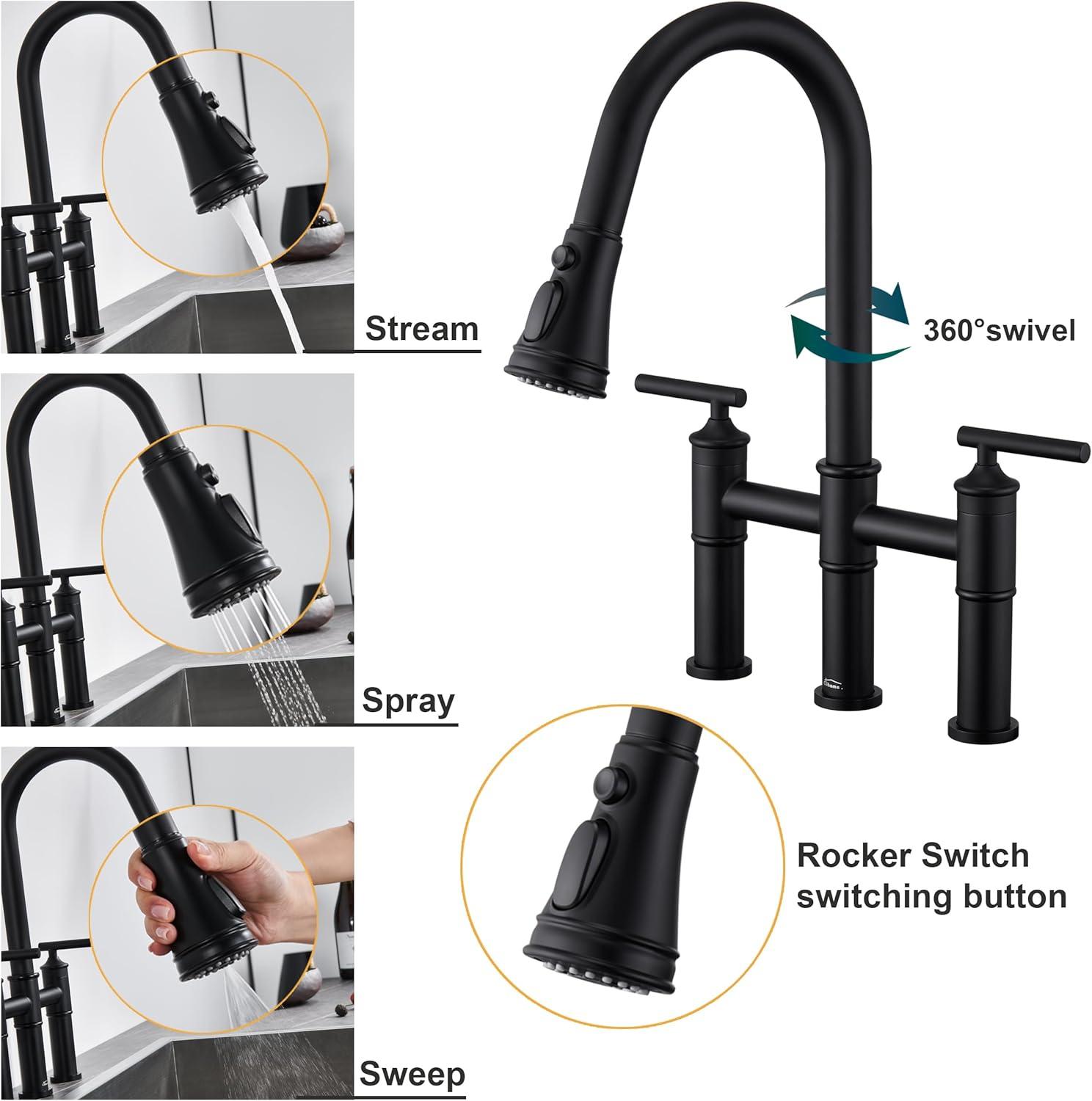 Double Handle Bridge Pull-Down Kitchen Faucet with 3-Spray Patterns and 360 Degrees Rotation Spout in Brushed Nickel