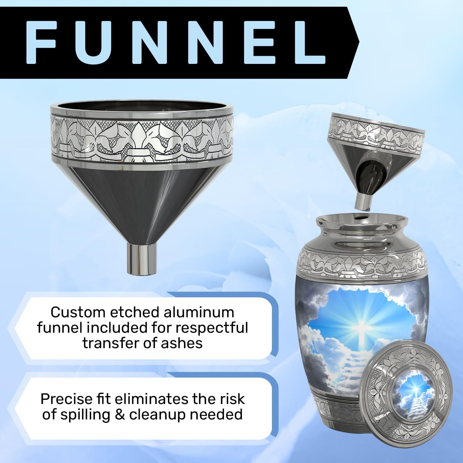 Stairway to Heaven Large Cremation Urn for Human Ashes with Handcrafted Funnel (Christian/Catholic/Cross/Adult/Male/Female)