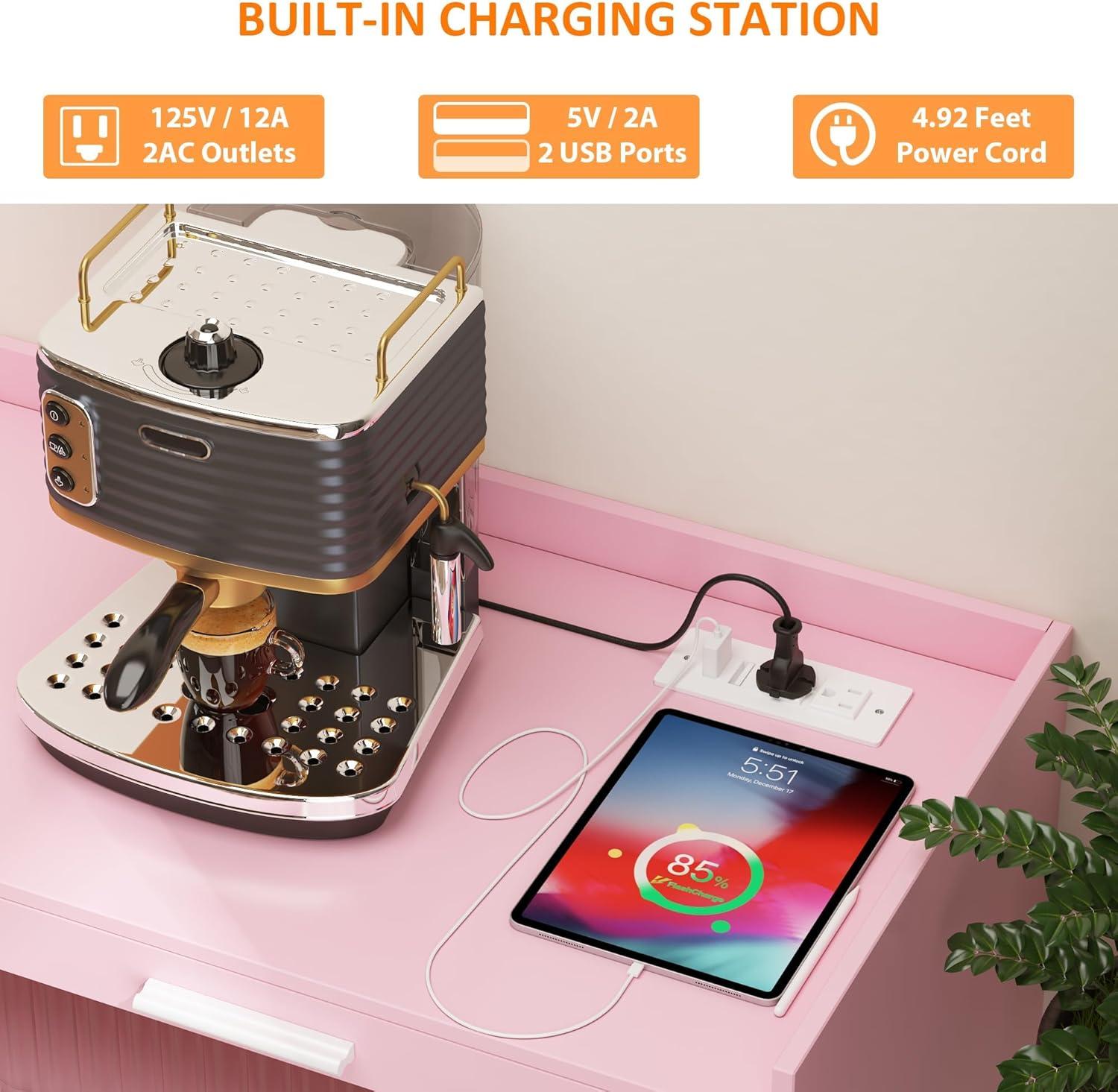 Garvee Sideboard Buffet Cabinet with Power Outlet & LED Light - Kitchen Storage Cabinet with 2 Fluted Acrylic Drawers & 4 Rattan Doors, Pink