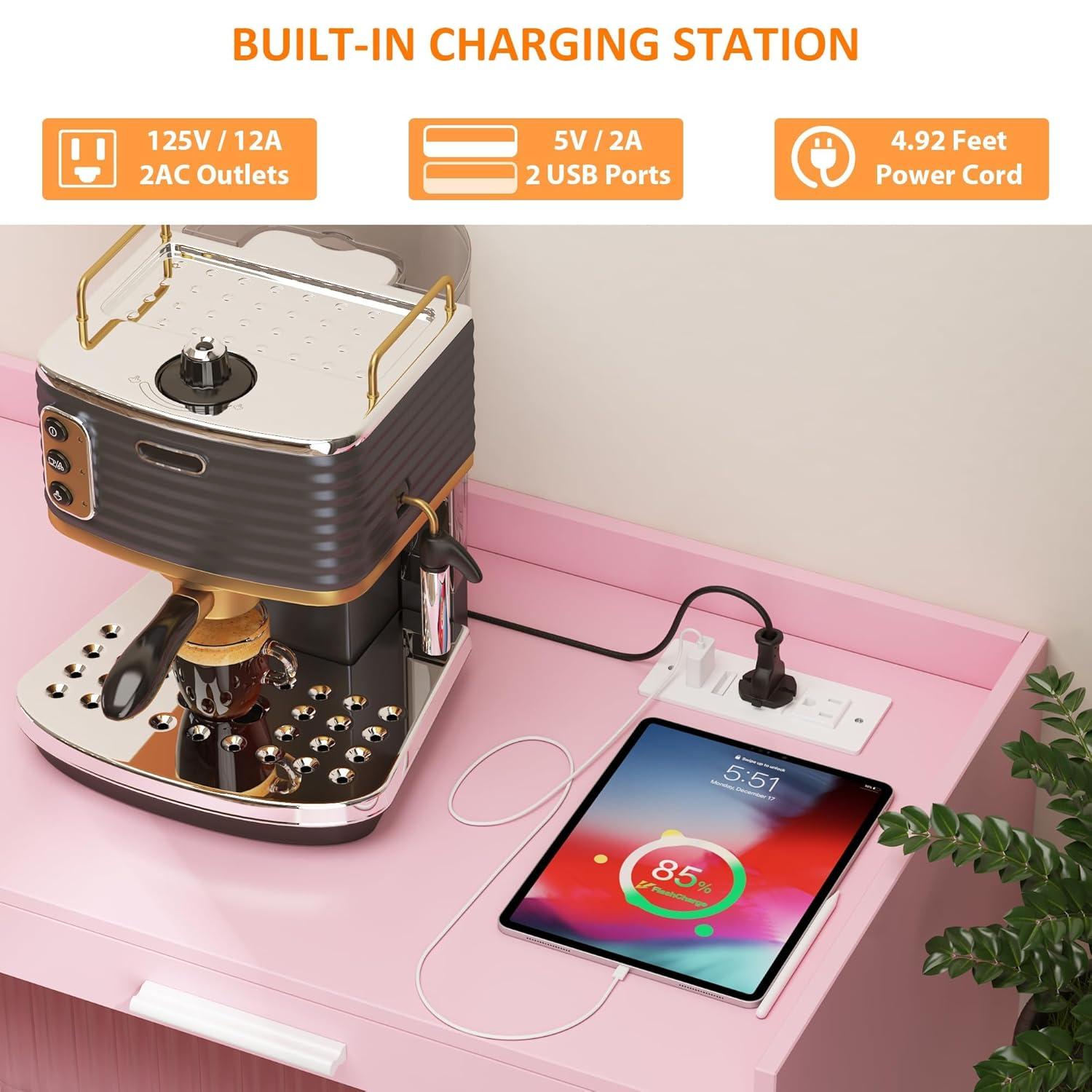 Garvee Sideboard Buffet Cabinet with Power Outlet & LED Light - Kitchen Storage Cabinet with 2 Fluted Acrylic Drawers & 4 Rattan Doors, Pink