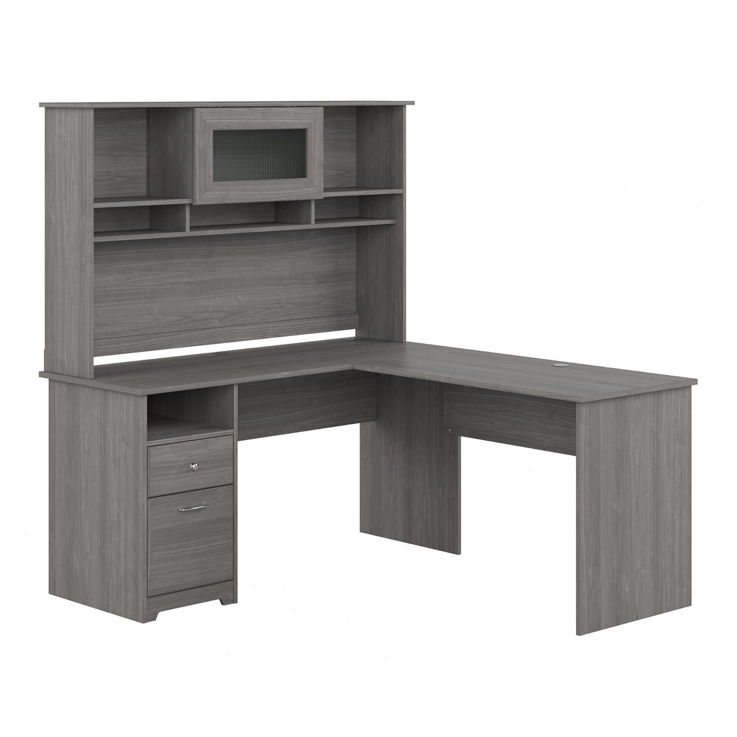 Cabot 60W L Shaped Desk with Hutch and Drawers in Modern Gray - Engineered Wood
