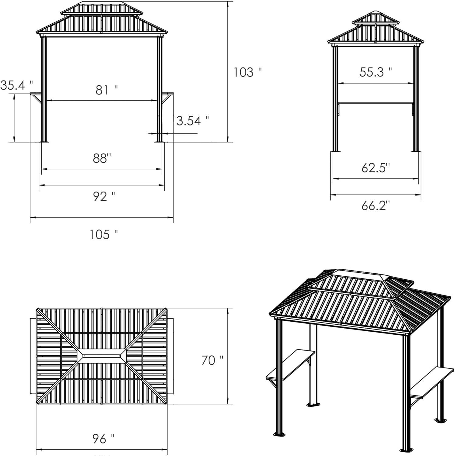 6x8 Brown Aluminum Hardtop Grill Gazebo with Side Shelves