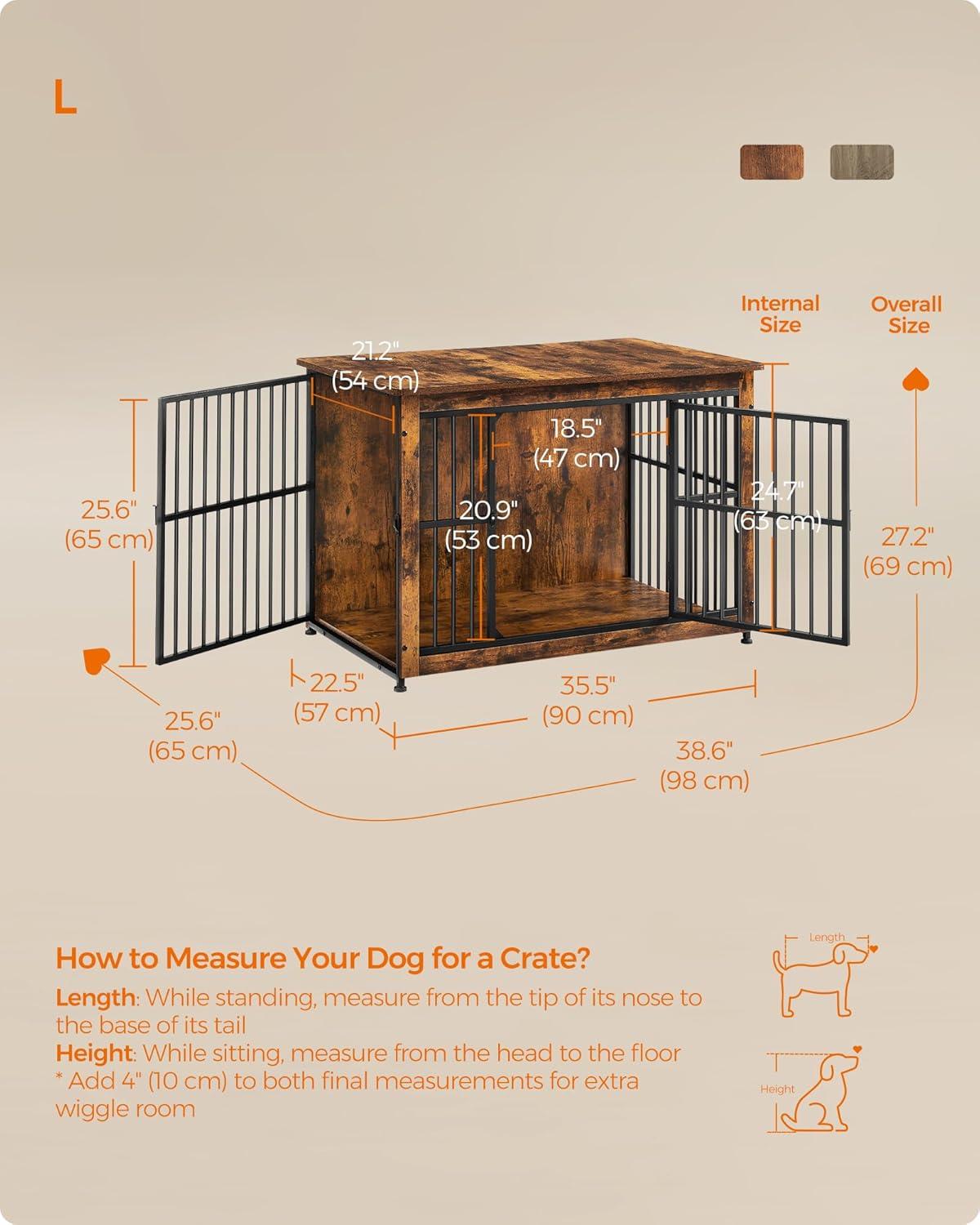 Feandrea Dog Crate Furniture, 38 Inches Dog Kennel for Dogs up to 70 lb, with Removable Tray, Heavy-Duty Dog Cage End Table, Double Doors Dog House, Rustic Brown UPFC013X01