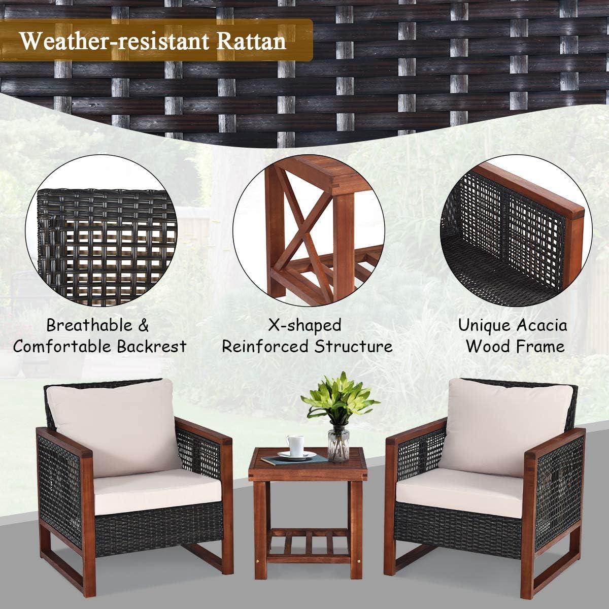 Tangkula 3-Piece Patio Rattan Wicker Bistro Set Acacia Wood Frame Sofa and Side Table