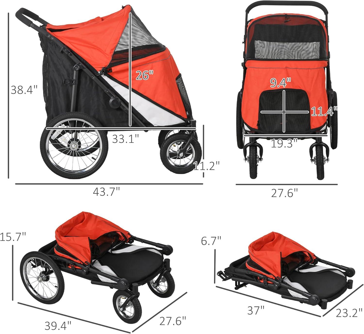 Red and Black Alloy Steel Pet Stroller with Mesh Windows