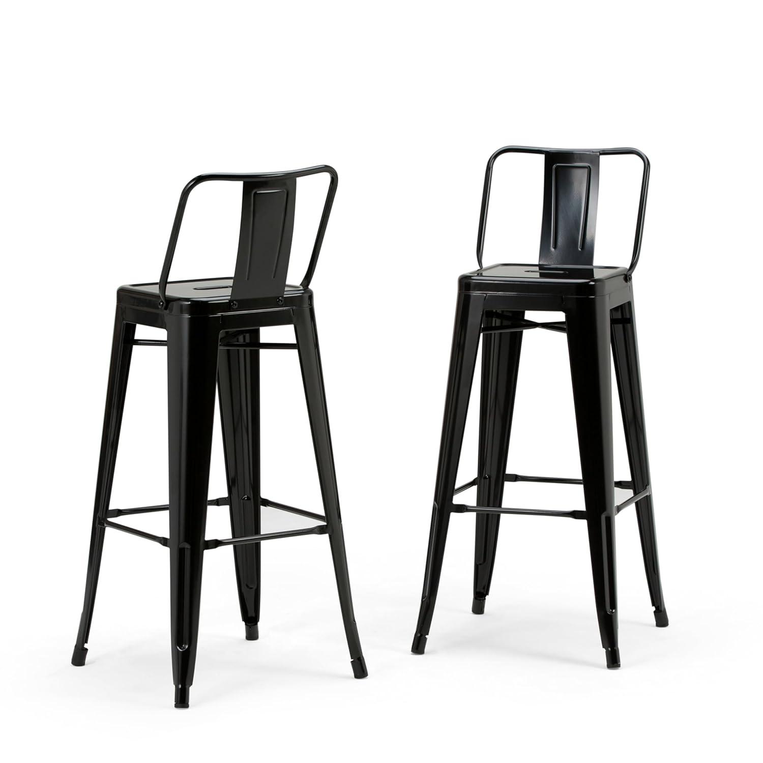 Simpli Home Rayne Metal Industrial Stool with Curved Back, Cross-Brace, and Footrest