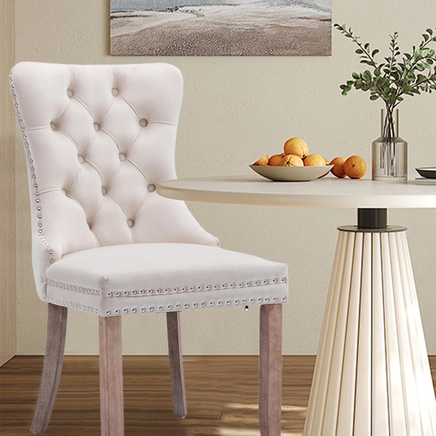 Beige Velvet Upholstered Tufted Side Chair with Wood Legs