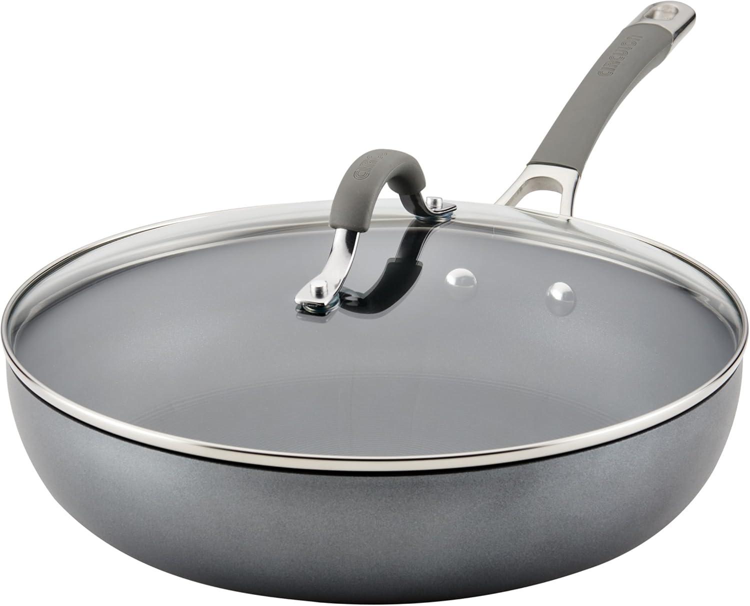 Gray Aluminum Nonstick Deep Frying Pan with Lid, 12 Inch