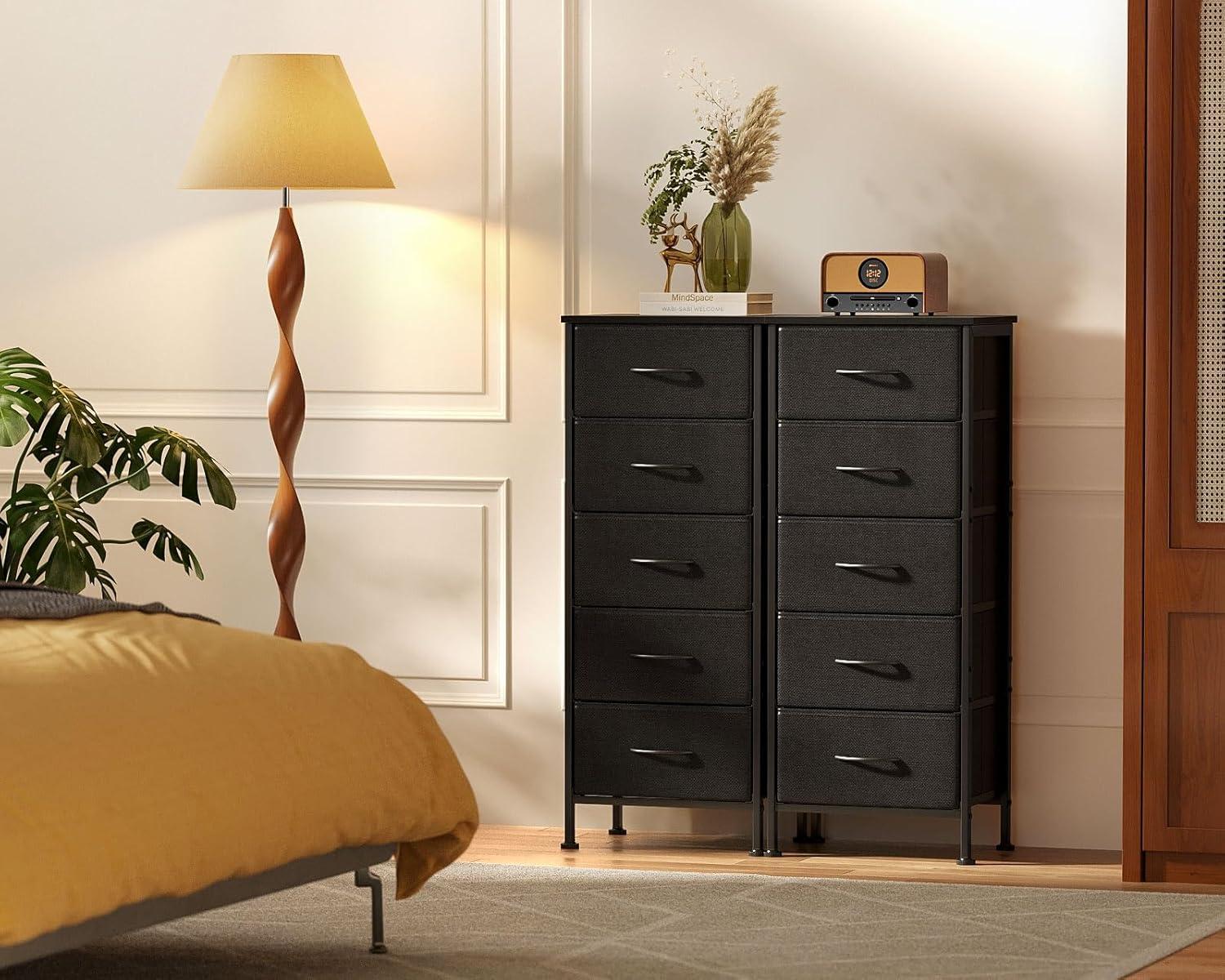 Black Fabric and Steel 5-Drawer Tall Dresser