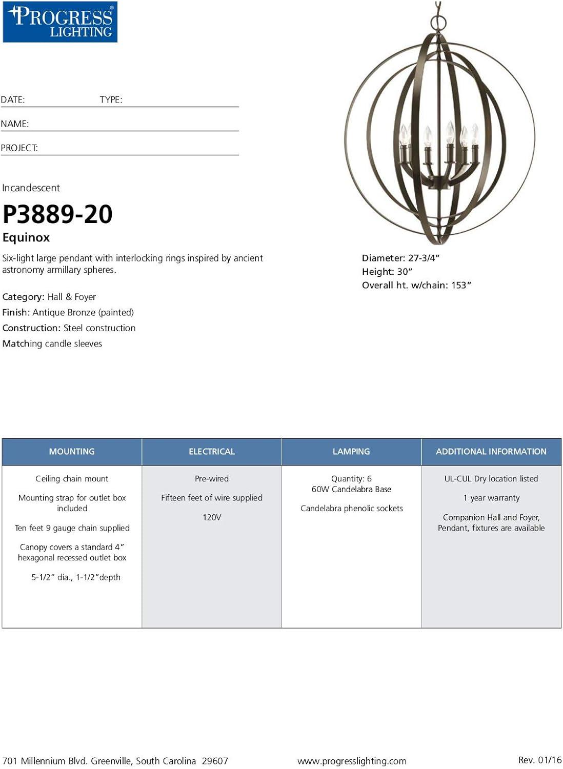 Progress Lighting Equinox 6-Light Chandelier Pendant, Steel, Antique Bronze, Armillary Sphere Design