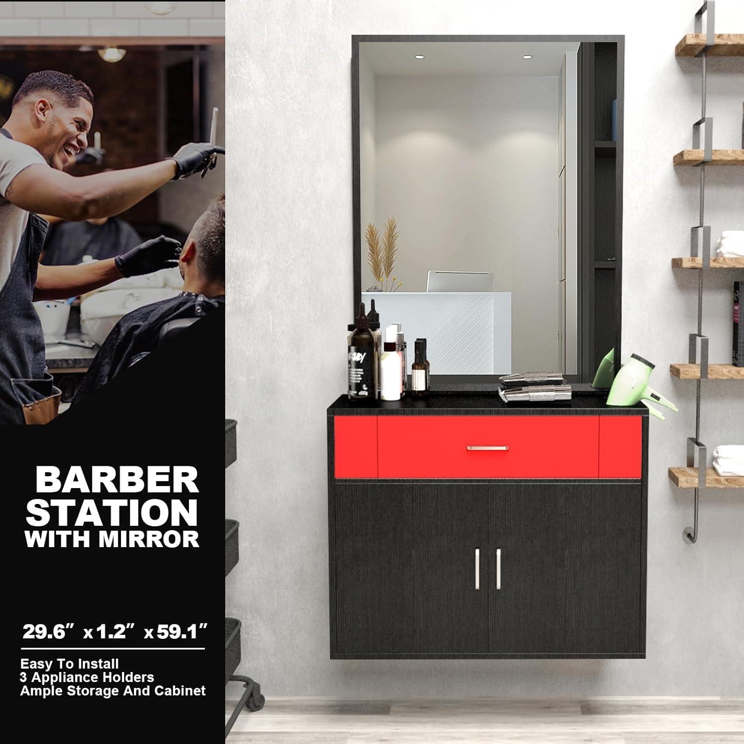 Artist Hand Wall Mount Salon Barber Station Styling Beauty Spa with Mirror, Left Shelf (Black)