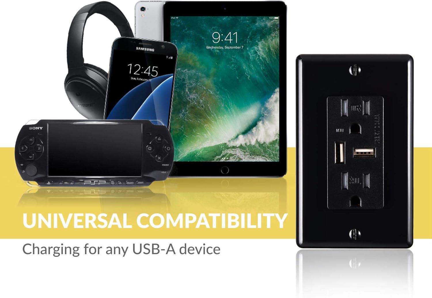 Faith 4.6A USB Outlet and 15A Decorator Tamper-Resistant Duplex Receptacle with Wall Plate, Black, 2-Pack