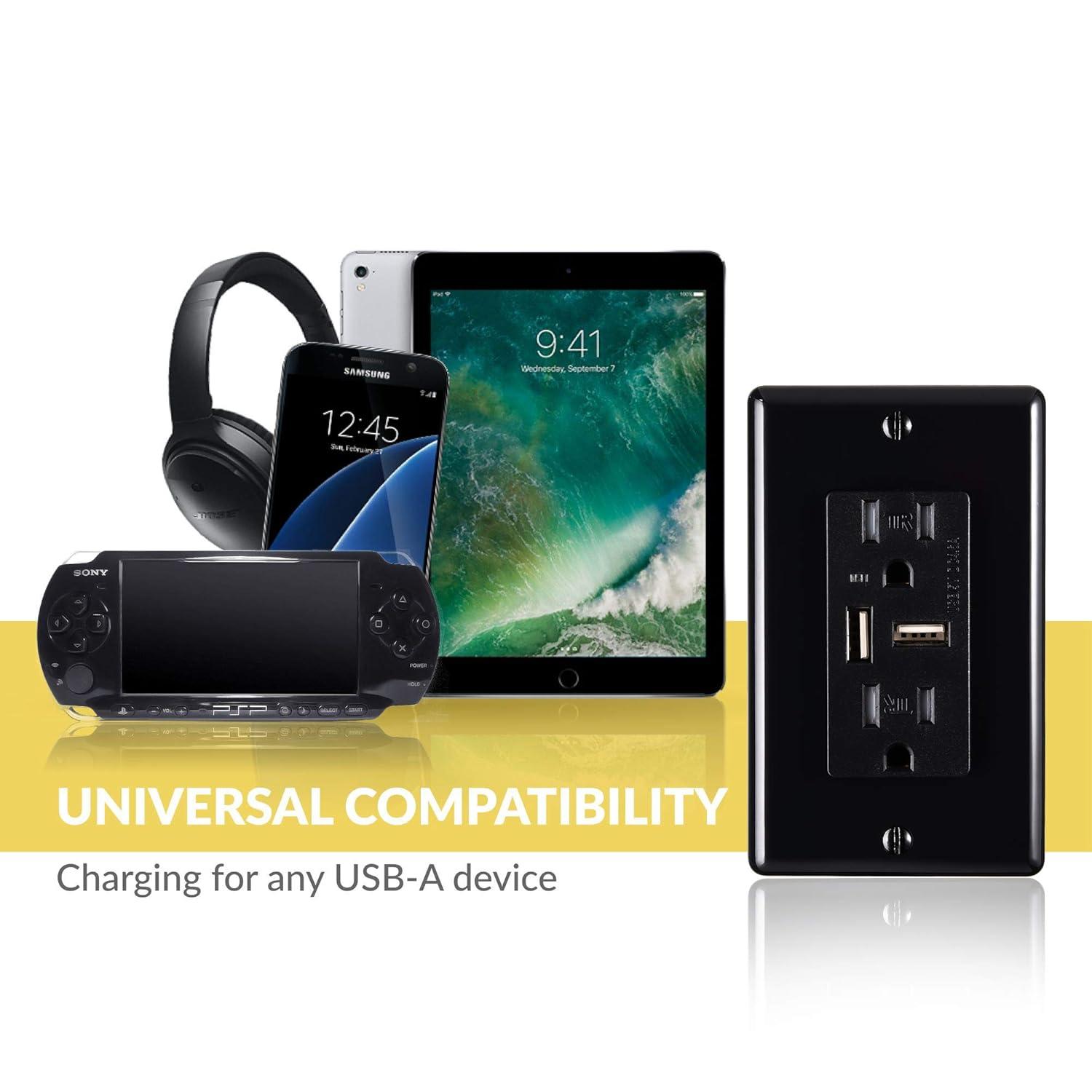 Faith 4.6A USB Outlet and 15A Decorator Tamper-Resistant Duplex Receptacle with Wall Plate, Black, 2-Pack