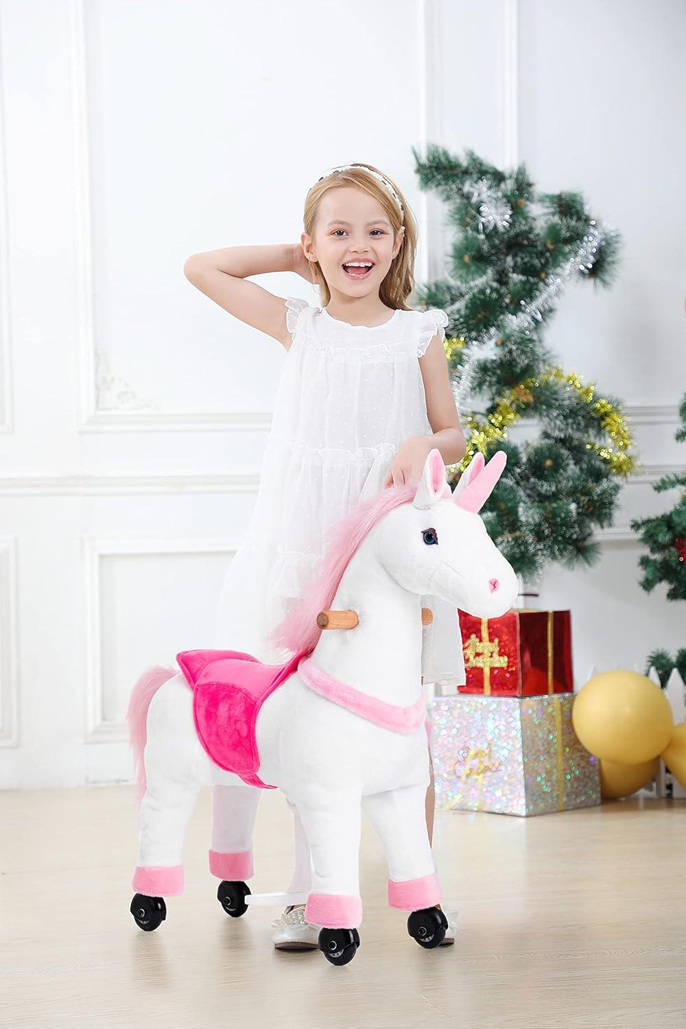 JoJoPooNy Ride on Unicorn Toys for Girls, Ride on Horse Riding Pony for Children 3-6 Years Old, Rideable Plush Walking Horse Animal with Wheels
