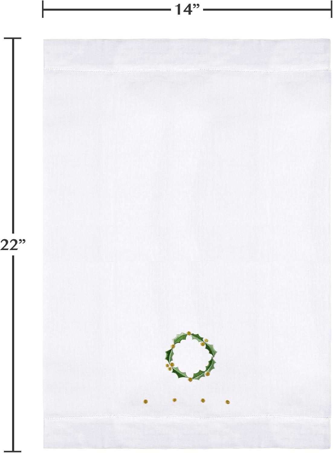 Saro Lifestyle Holly Leaf Wreath Embroidery Christmas Hemstitched Linen Cotton Guest Towel  (Set of 4), 14"x22", White