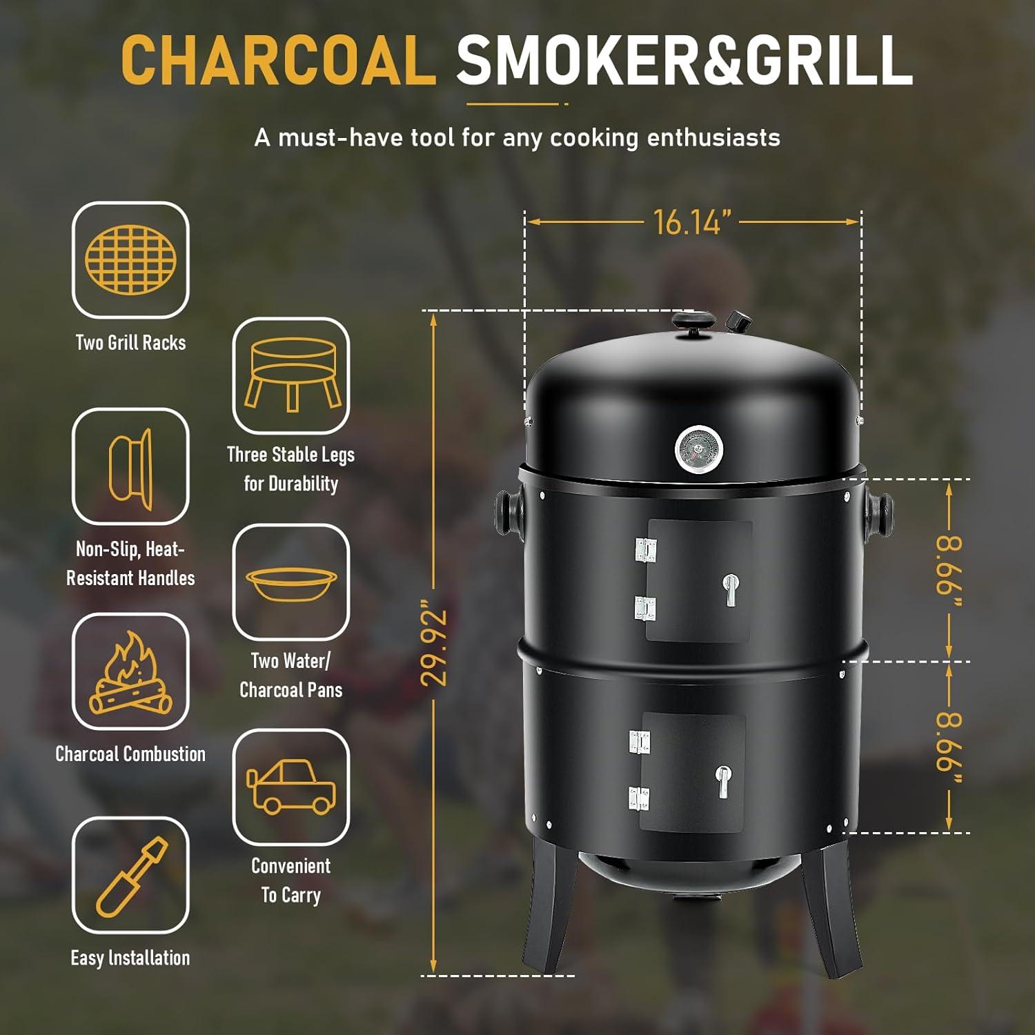 Yunwen 31.5" Charcoal Smoker Grill 3-in-1 Vertical Heavy Duty Charcoal BBQ Smoker Grill