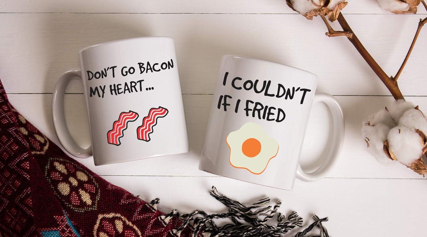 Don't Go Bacon My Heart, I Couldn't If I Fried - 11oz White Ceramic Coffee Mug Couples Sets - Funny His & Her Gifts - Husband and Wife Anniversary Presents - Wedding or Egement Gift - By CBT Mugs