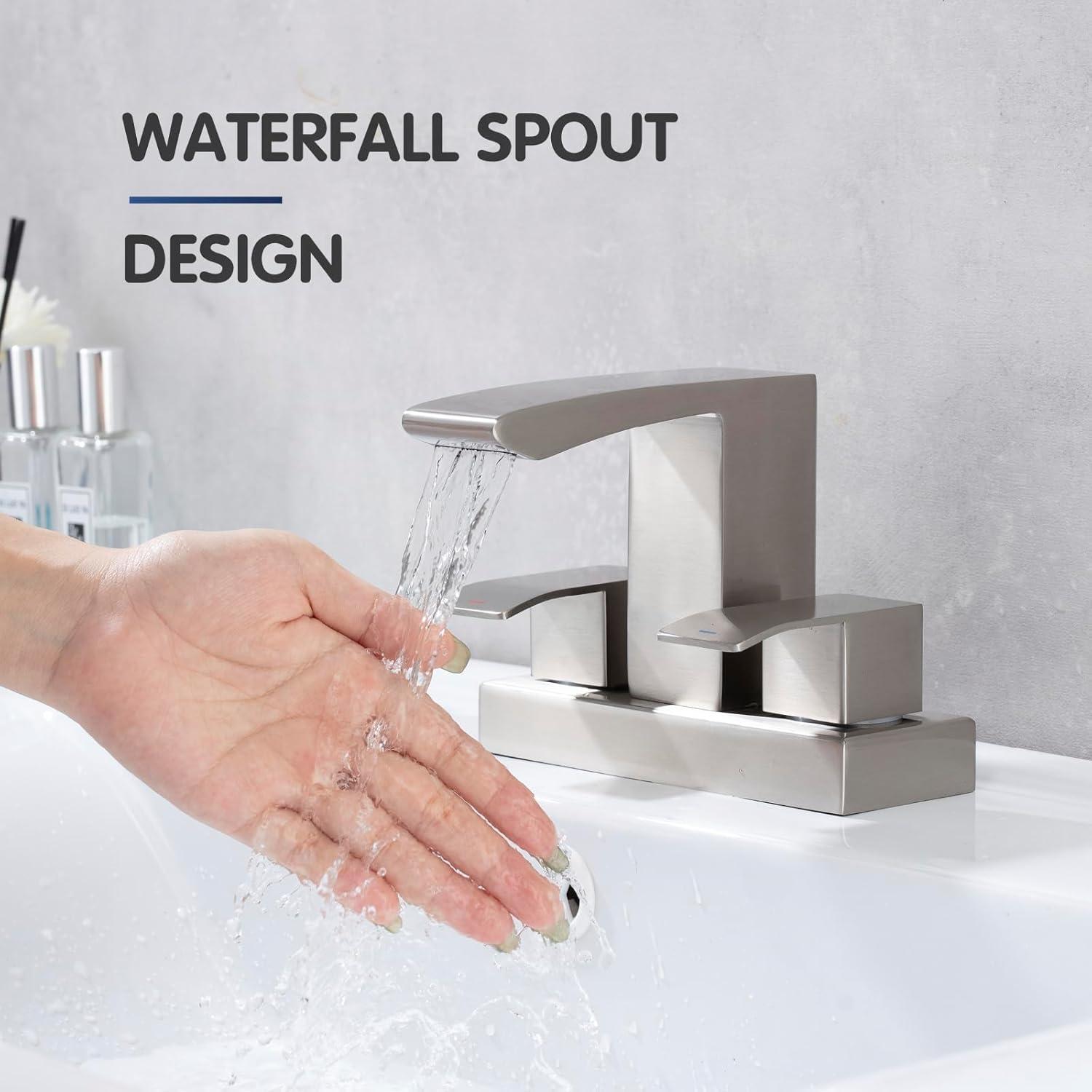 Brushed Nickel Double Handle Waterfall Bathroom Faucet with Pop-Up Drain