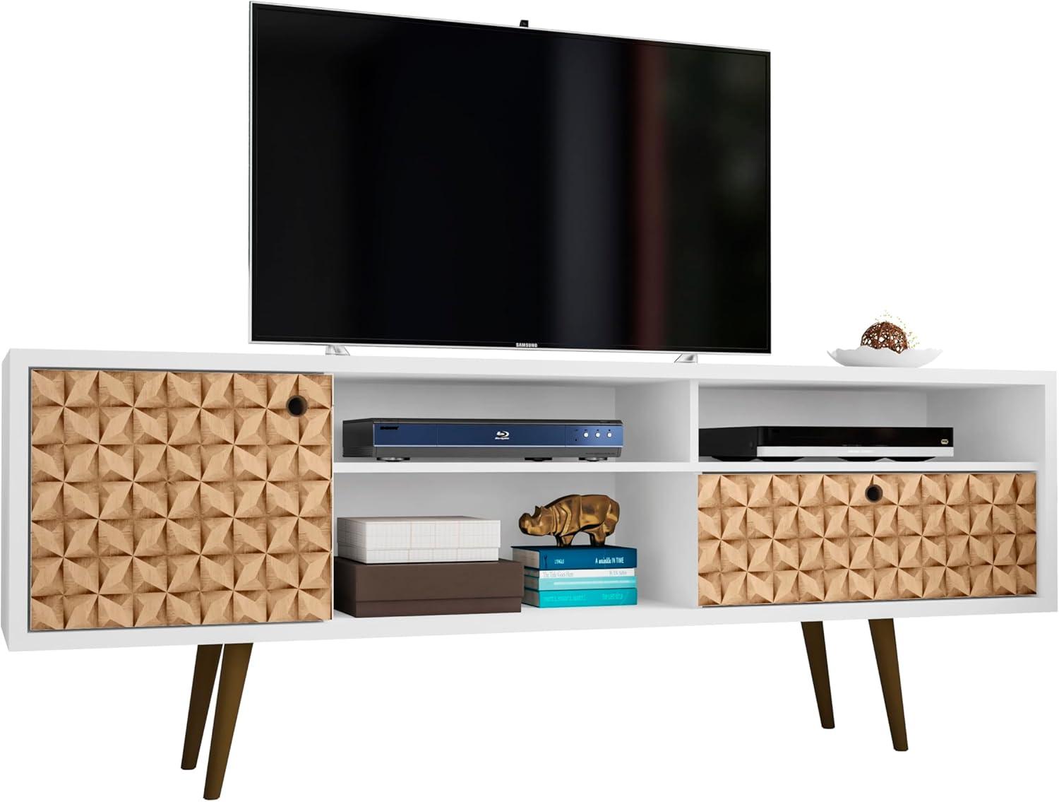 Manhattan Comfort 202AMC67 70.86 in. Liberty Mid-Century - Modern TV Stand with 4 Shelving Spaces & 1 Drawer, White & 3D Brown Prints