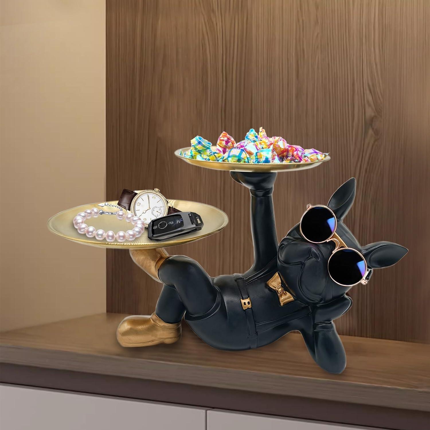 Resin Bulldog Tray Statue, Lying Bulldog Candy Dish Key Holder Bowl, Bulldog Accessories, Statues for Office Desk Home Decor Figurines Entryway Table Decor (Black)